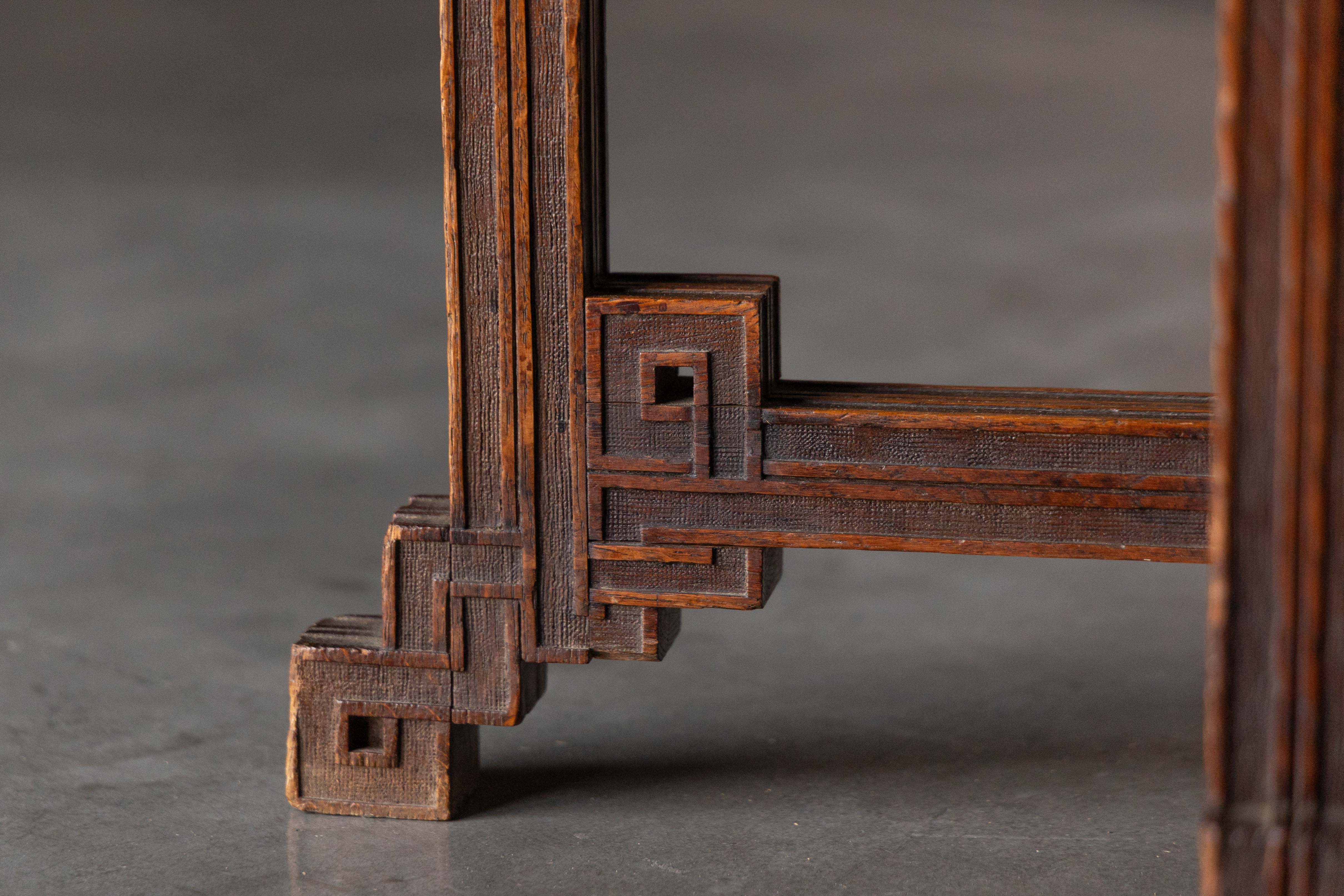 Geometric Carved Wooden Stool, France - Early 20th Century 