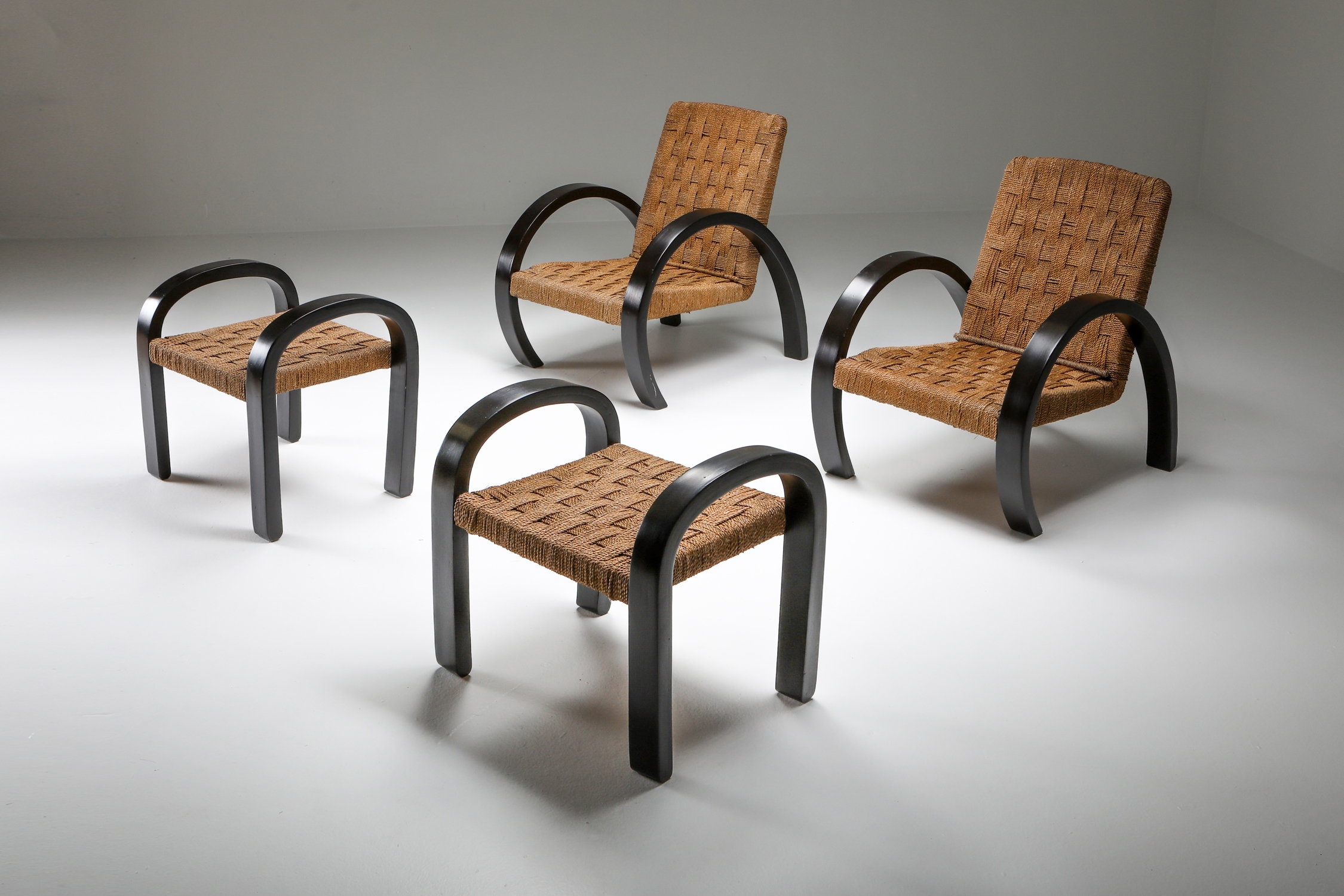 Art Deco Armchair with Ottoman & Rush Seating - 1940s