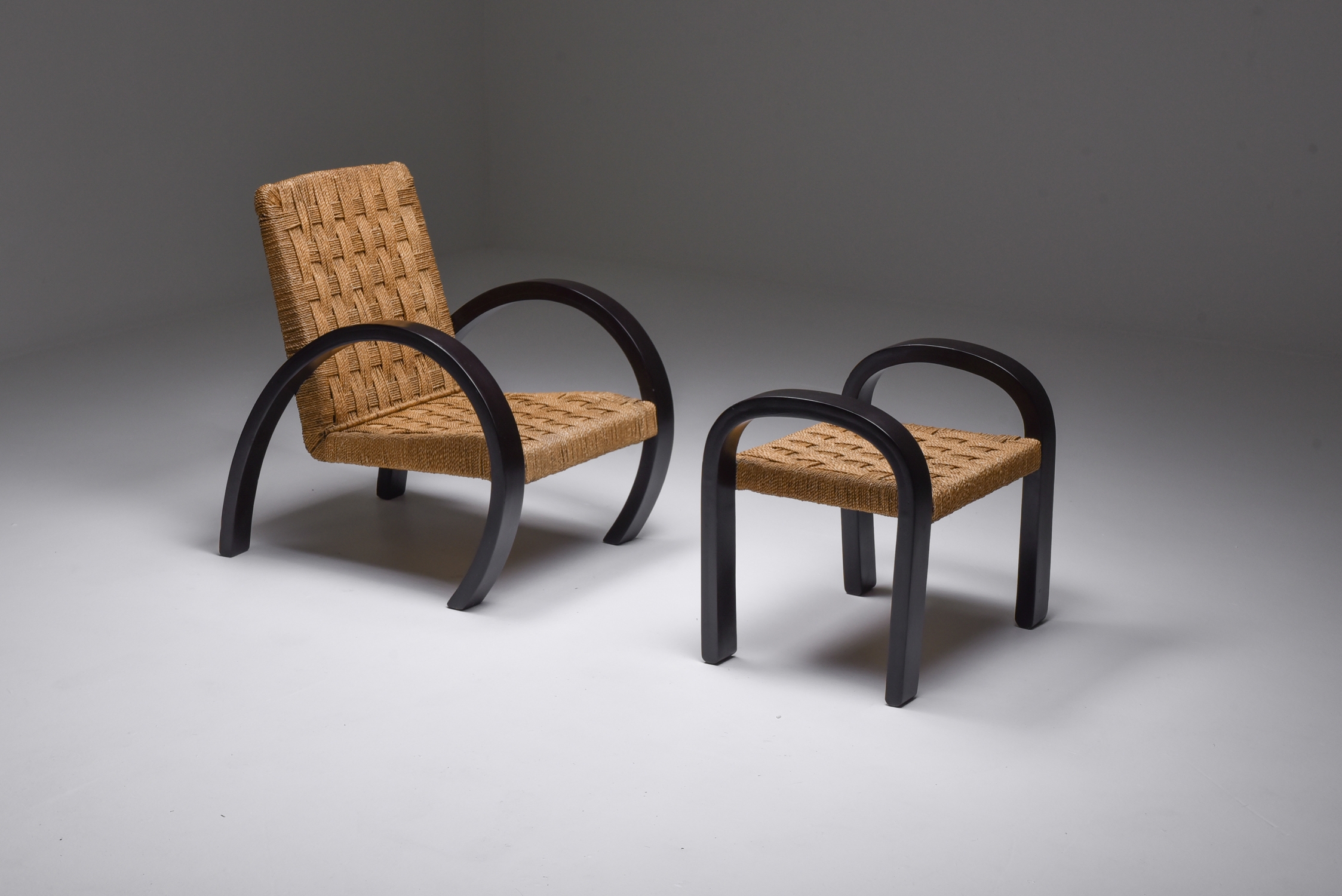Art Deco Armchair with Ottoman & Rush Seating - 1940s