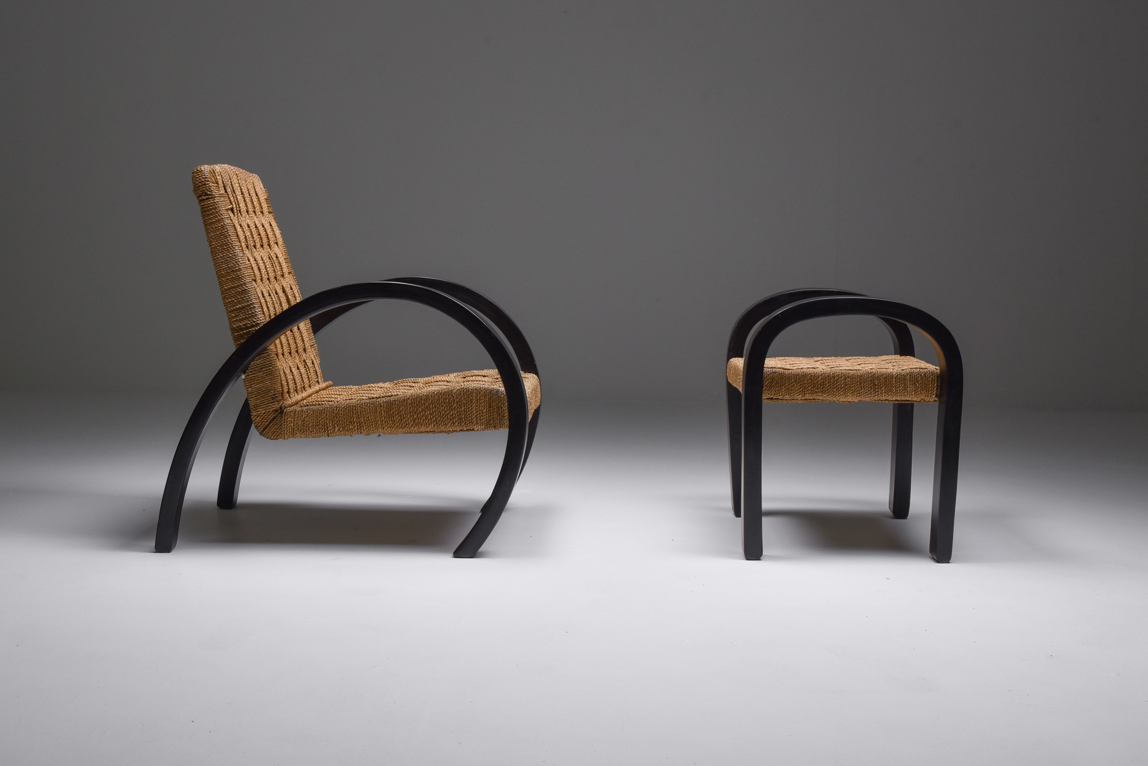 Art Deco Armchair with Ottoman & Rush Seating - 1940s
