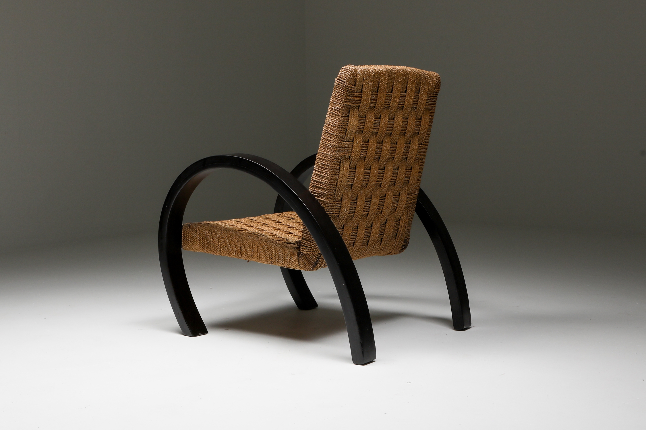 Art Deco Armchair with Ottoman & Rush Seating - 1940s