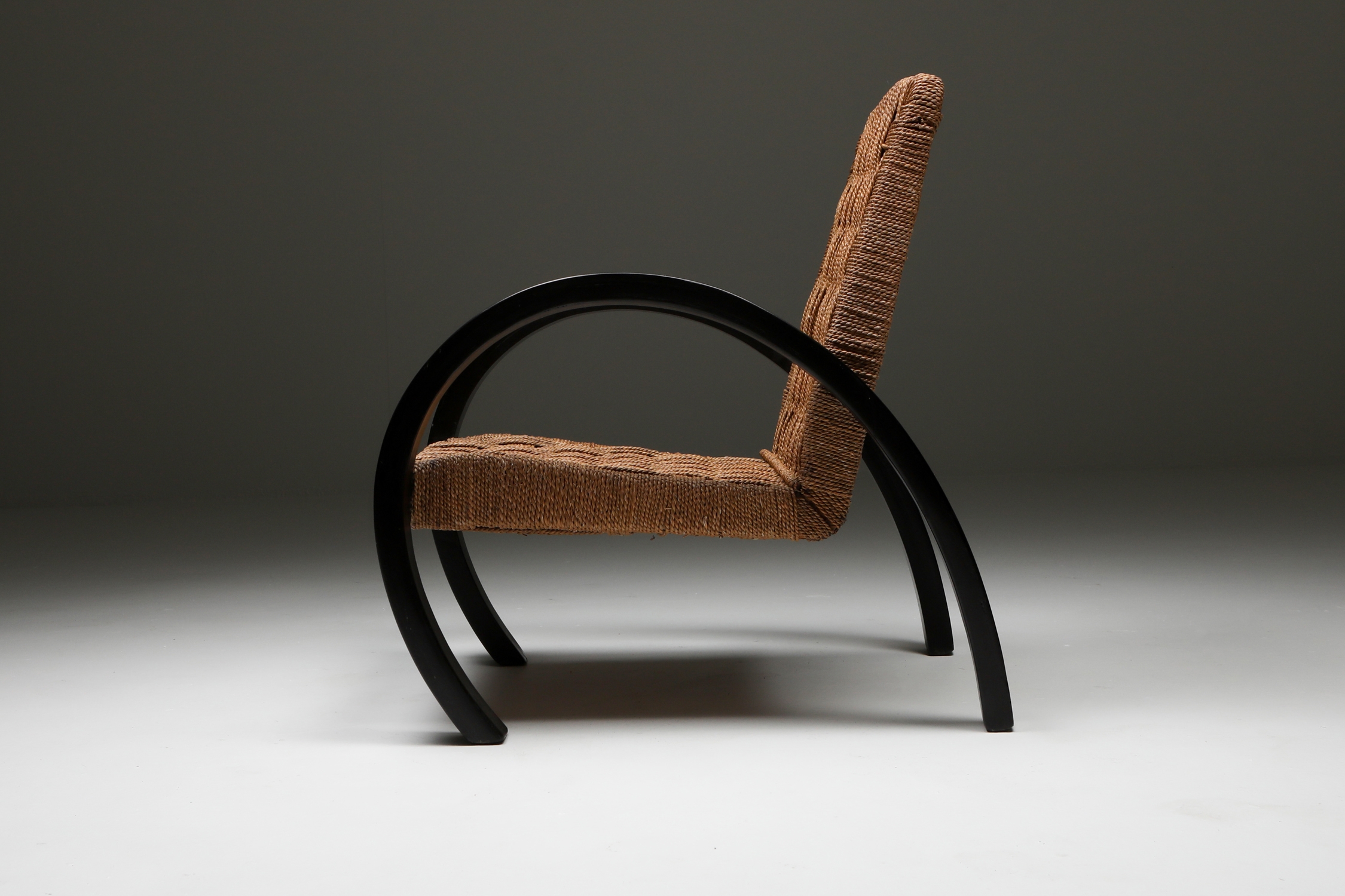 Art Deco Armchair with Ottoman & Rush Seating - 1940s