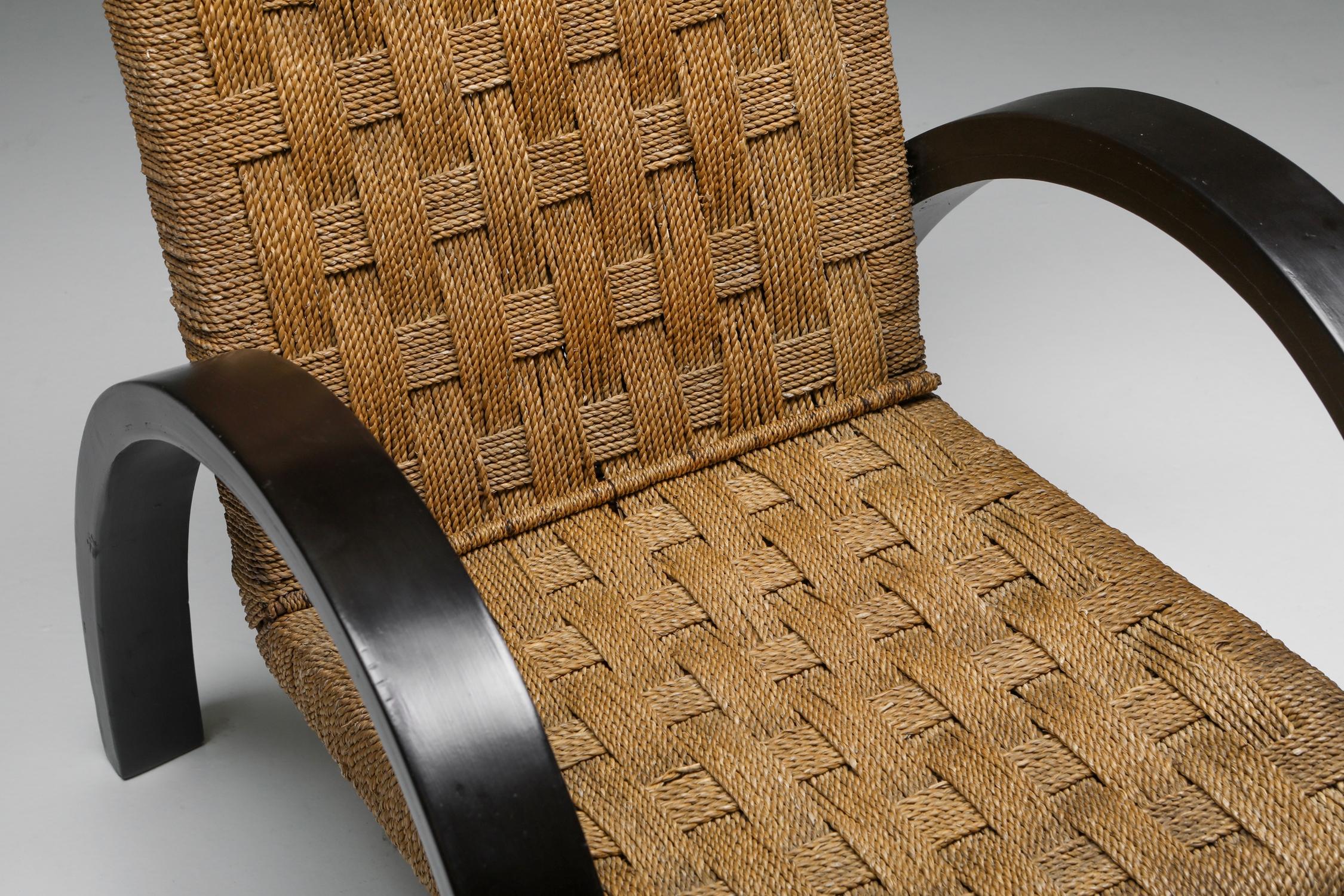 Art Deco Armchair with Ottoman & Rush Seating - 1940s