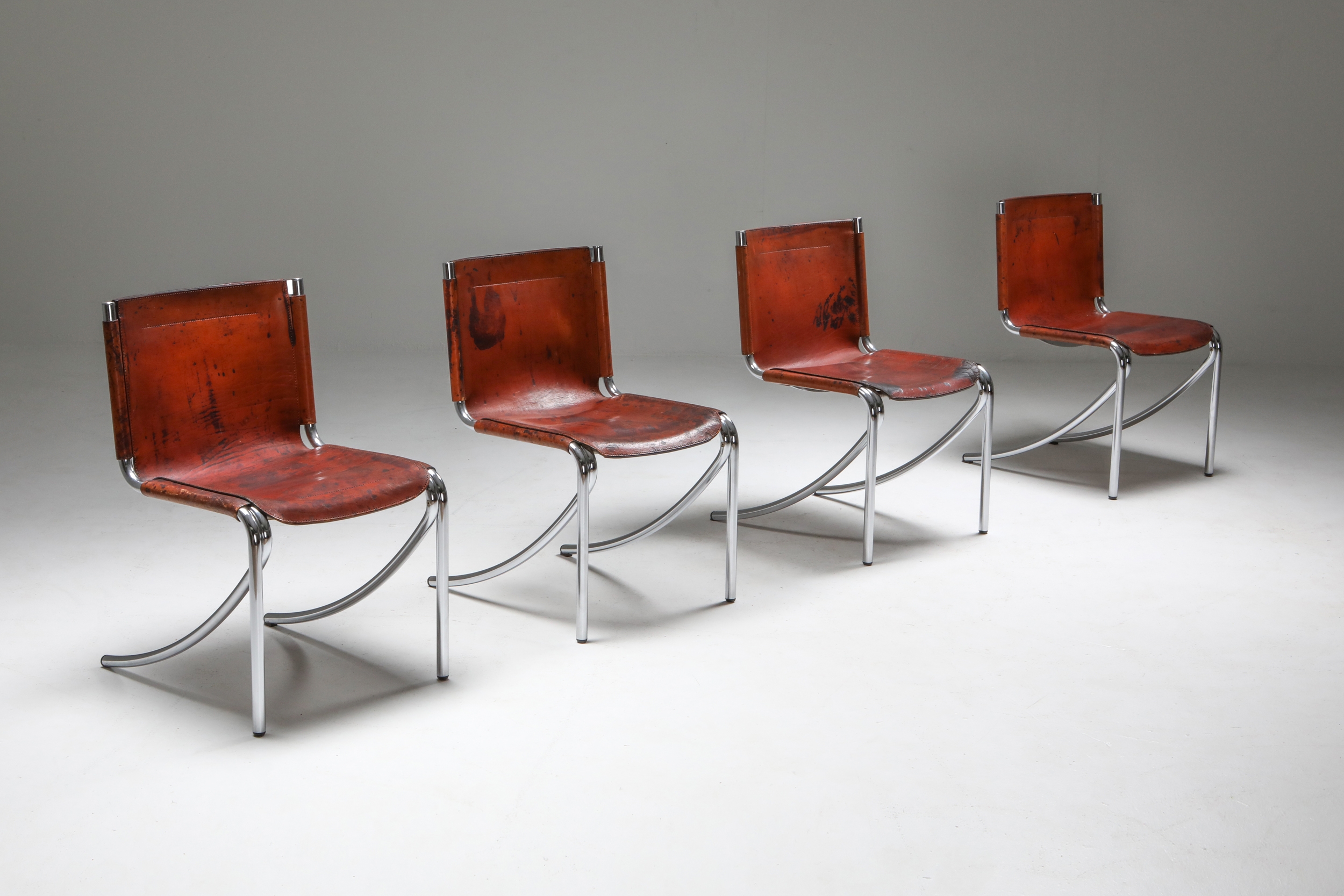Giotto Stoppino Leather and Chrome Dining Chairs Model Jot - 1970's