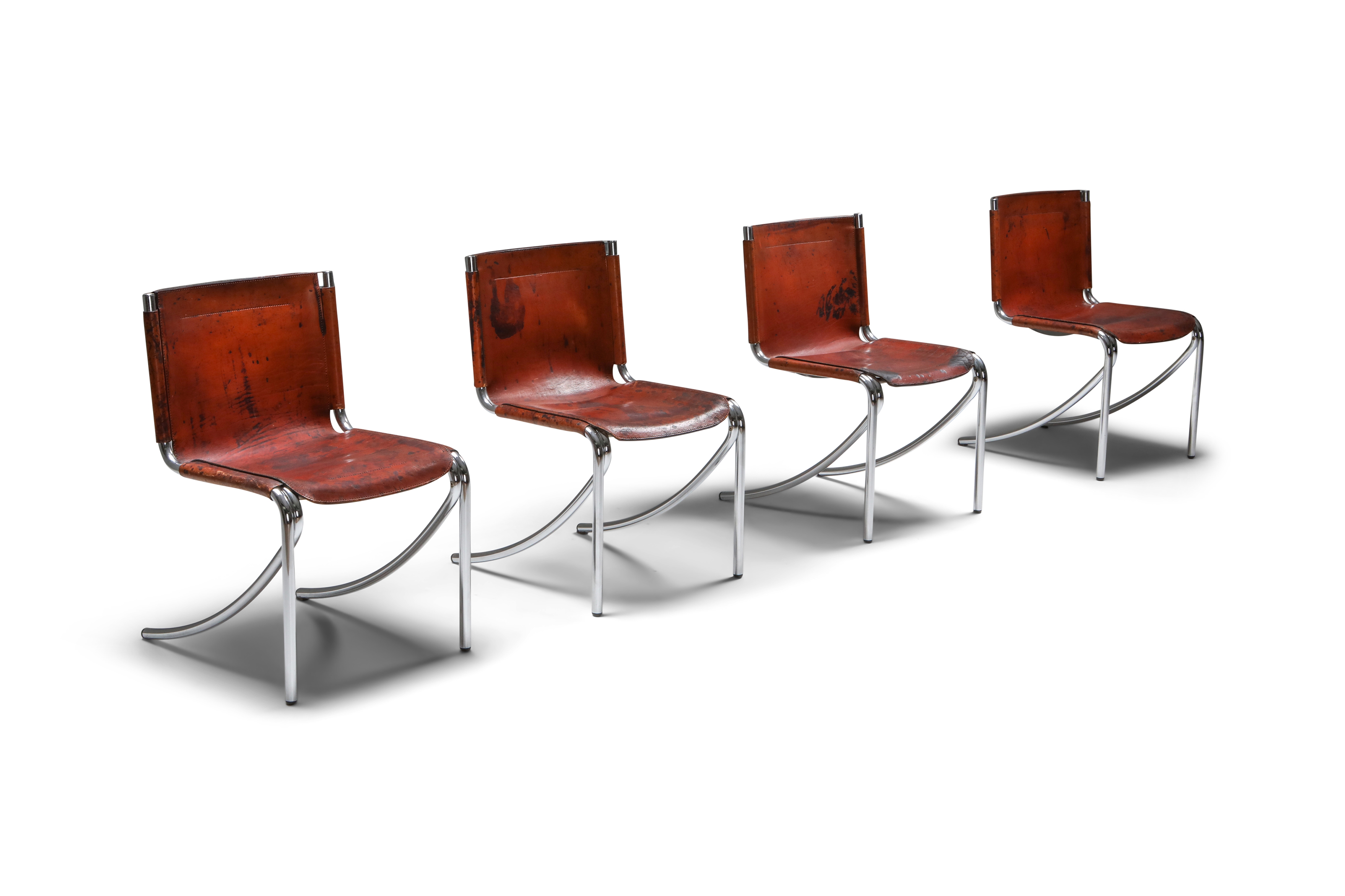 Giotto Stoppino Leather and Chrome Dining Chairs Model Jot - 1970's