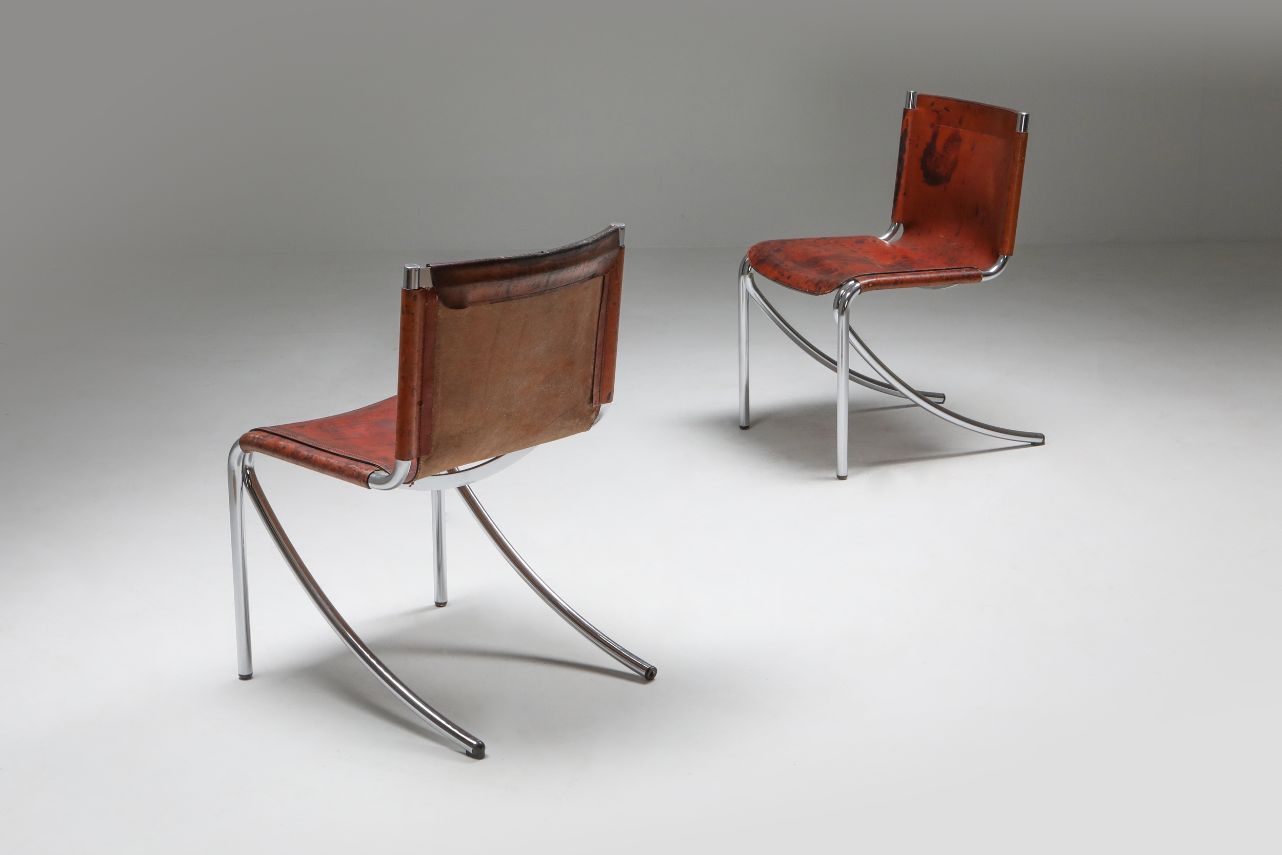 Giotto Stoppino Leather and Chrome Dining Chairs Model Jot - 1970's