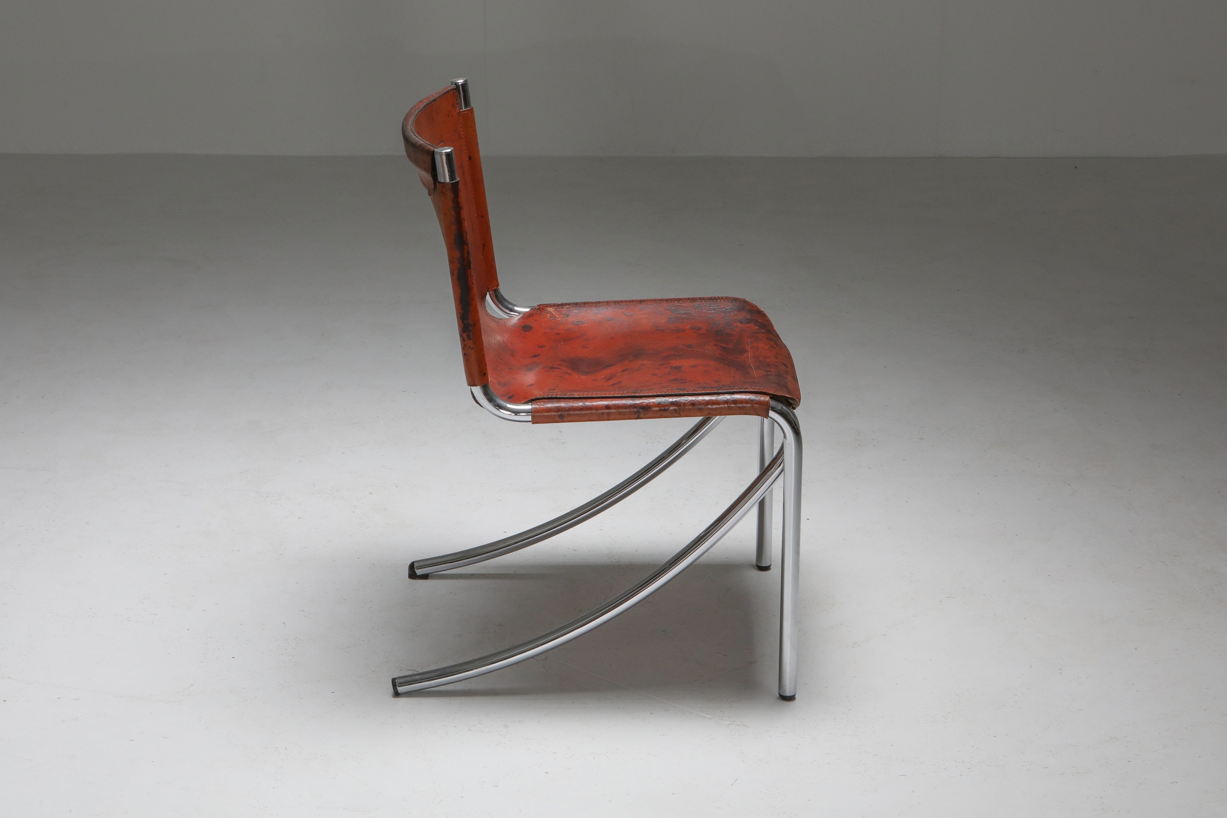 Giotto Stoppino Leather and Chrome Dining Chairs Model Jot - 1970's