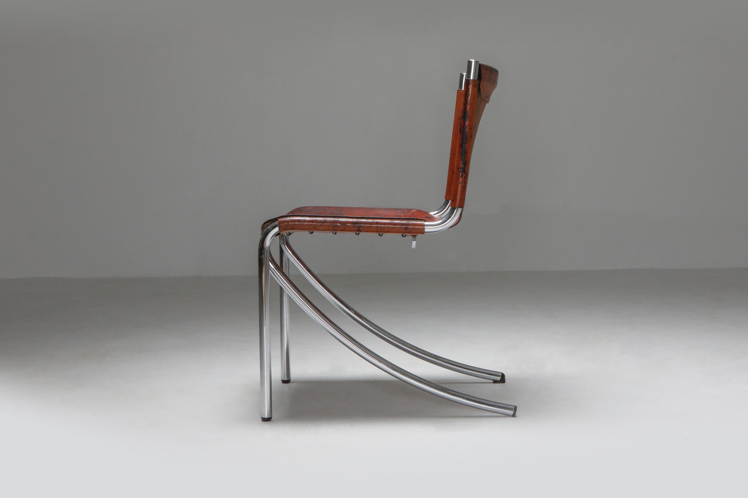 Giotto Stoppino Leather and Chrome Dining Chairs Model Jot - 1970's