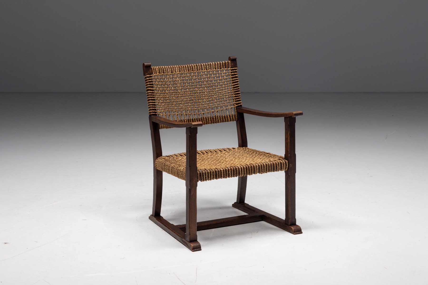 Rustic Easy Chair in Solid Wood and Rope - 1930s