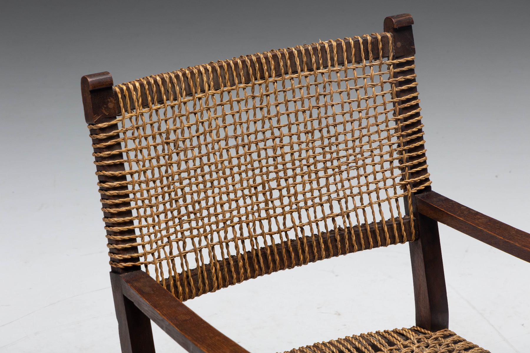 Rustic Easy Chair in Solid Wood and Rope - 1930s