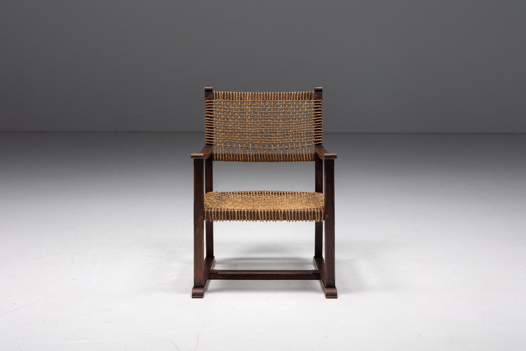 Rustic Easy Chair in Solid Wood and Rope - 1930s