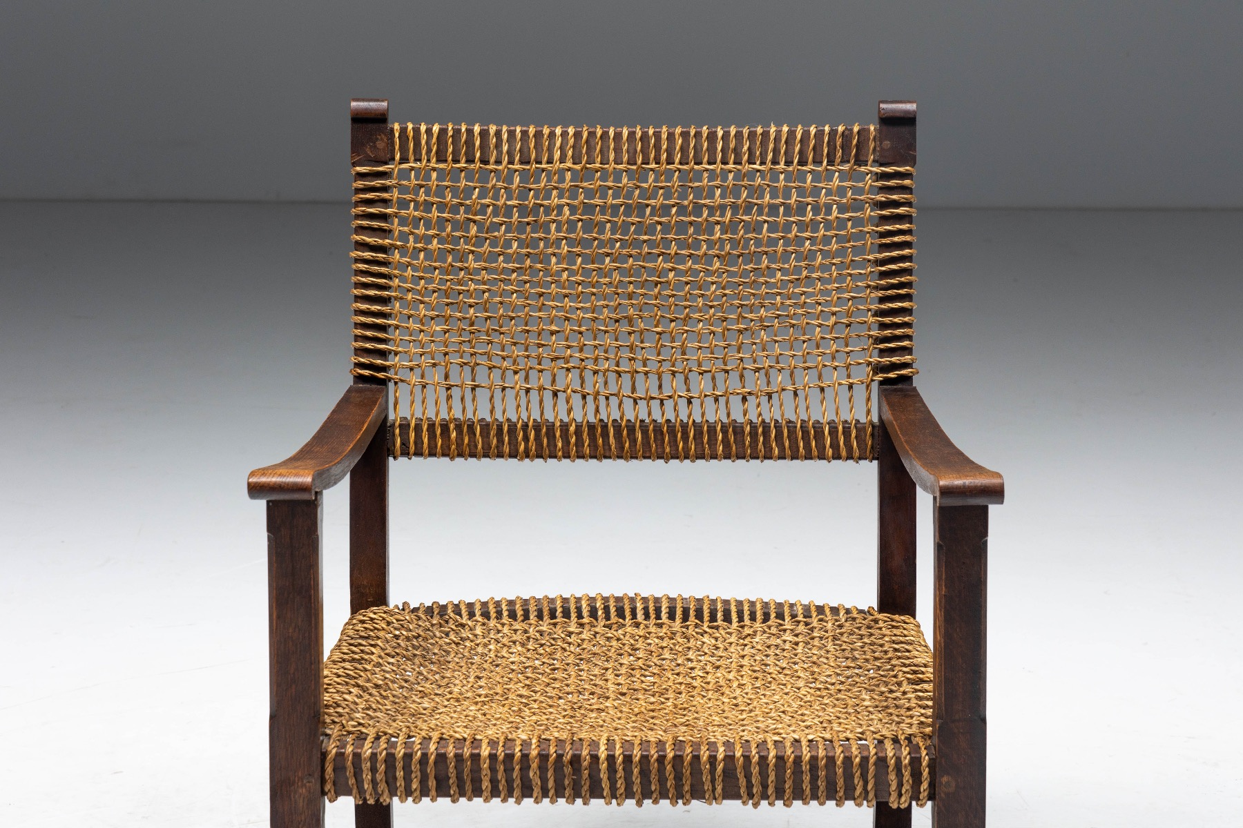 Rustic Easy Chair in Solid Wood and Rope - 1930s
