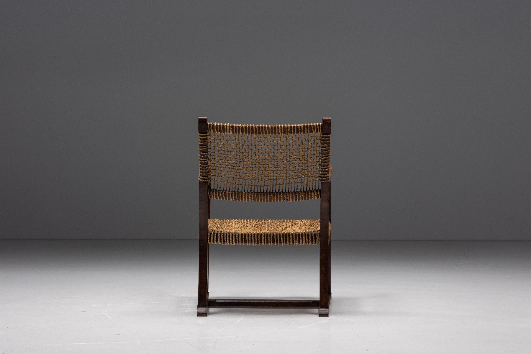 Rustic Easy Chair in Solid Wood and Rope - 1930s