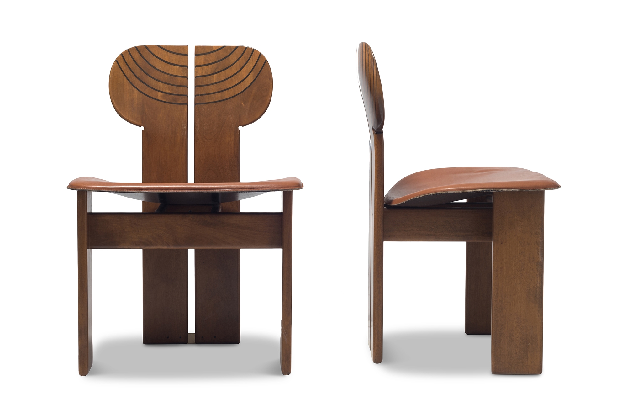 Afra and Tobia Scarpa Africa Chairs With Cognac Leather Seating - 1975