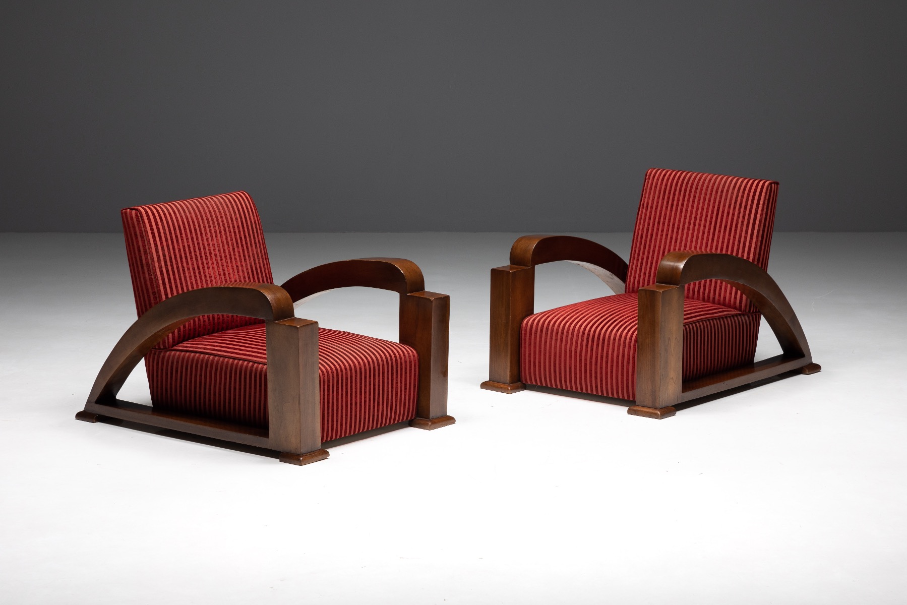 French Art Deco Lounge Chairs in Red Striped Velvet and with Swoosh Armrests - 1940s