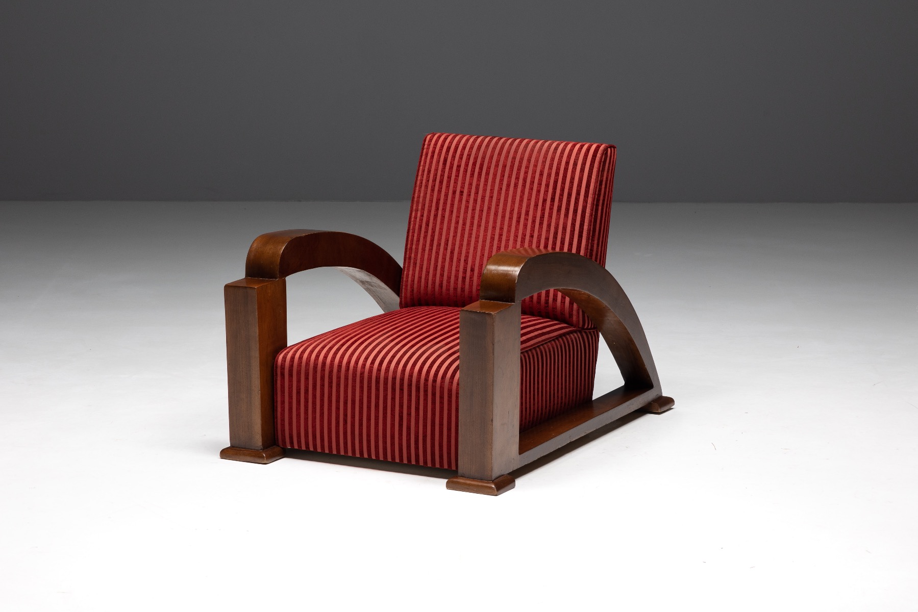 French Art Deco Lounge Chairs in Red Striped Velvet and with Swoosh Armrests - 1940s