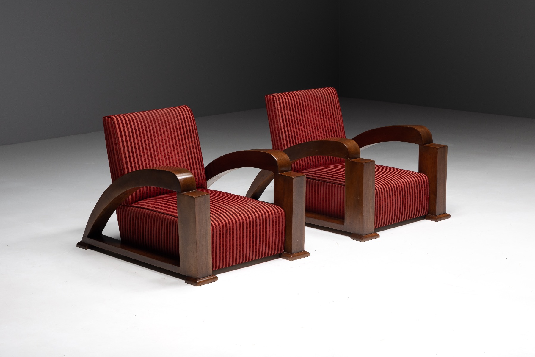 French Art Deco Lounge Chairs in Red Striped Velvet and with Swoosh Armrests - 1940s