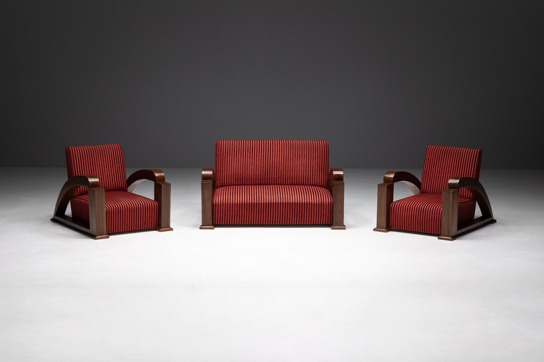 French Art Deco Lounge Chairs in Red Striped Velvet and with Swoosh Armrests - 1940s