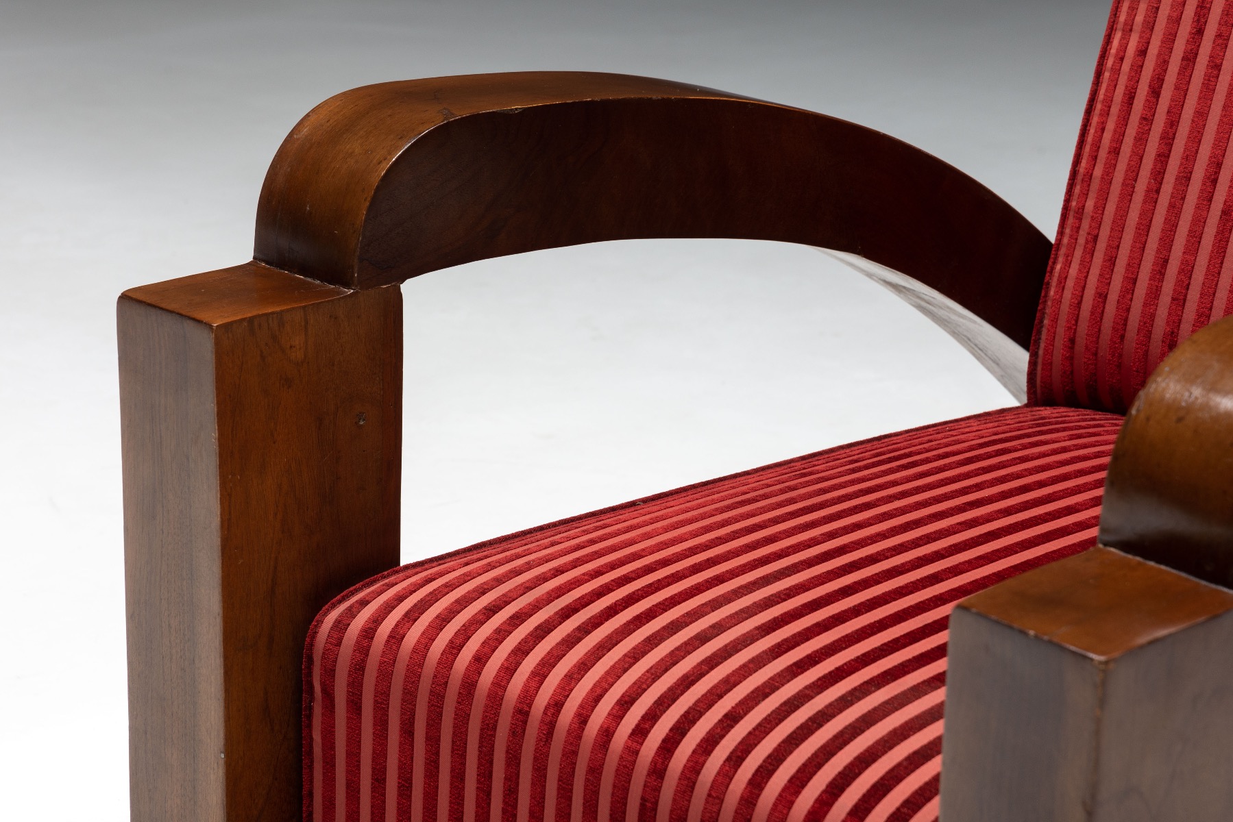 French Art Deco Lounge Chairs in Red Striped Velvet and with Swoosh Armrests - 1940s