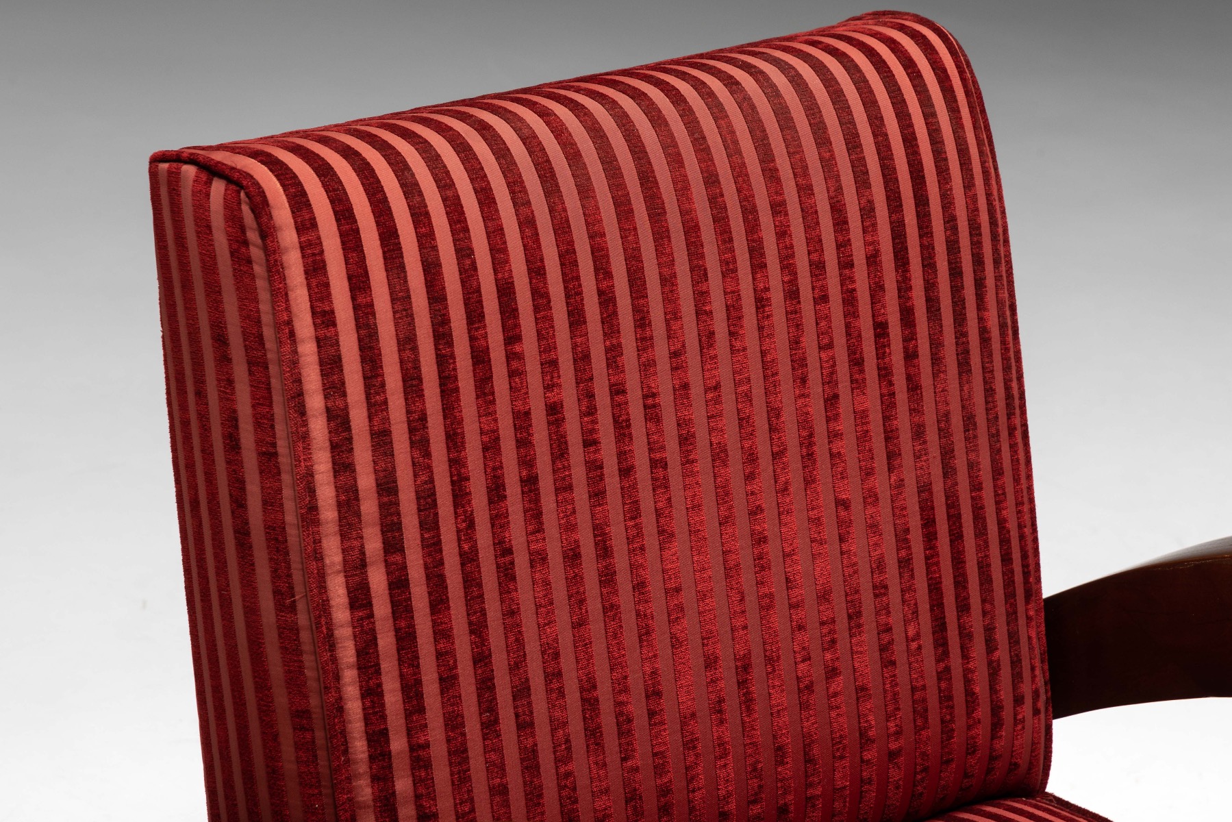 French Art Deco Lounge Chairs in Red Striped Velvet and with Swoosh Armrests - 1940s