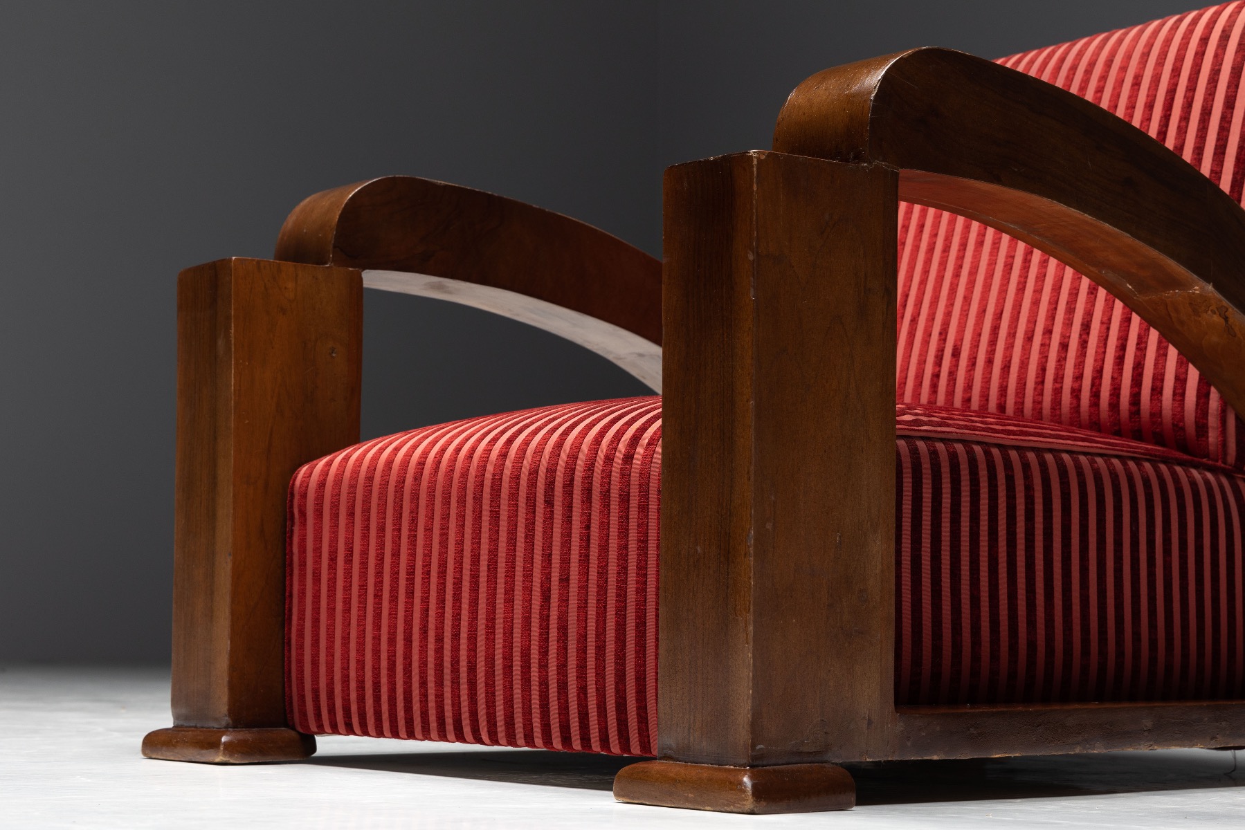 French Art Deco Lounge Chairs in Red Striped Velvet and with Swoosh Armrests - 1940s
