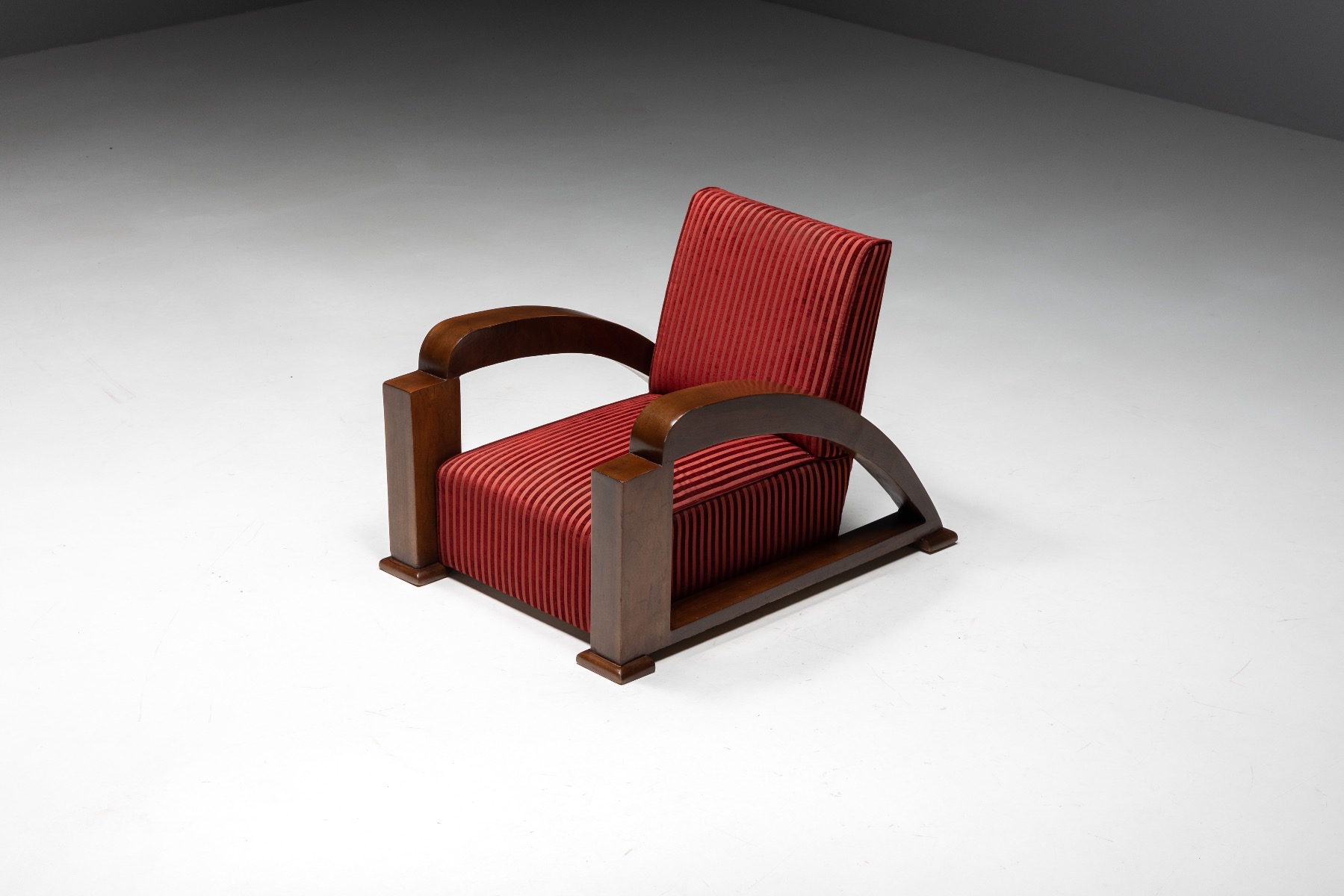 French Art Deco Lounge Chairs in Red Striped Velvet and with Swoosh Armrests - 1940s