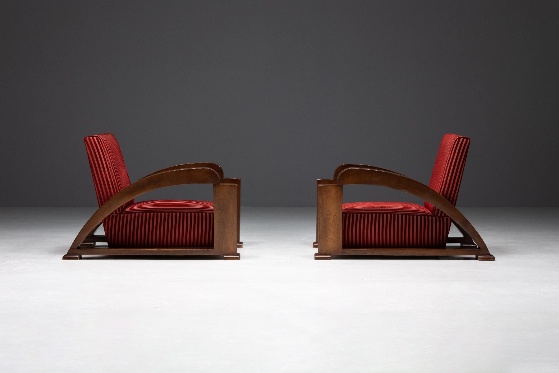 French Art Deco Lounge Chairs in Red Striped Velvet and with Swoosh Armrests - 1940s