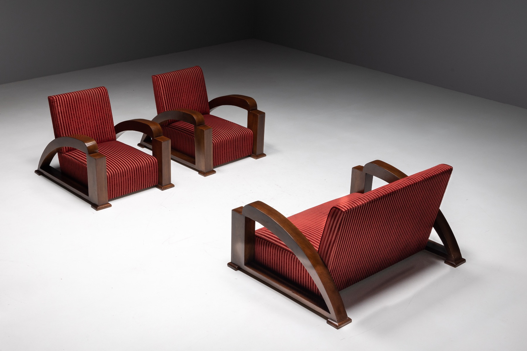 French Art Deco Lounge Chairs in Red Striped Velvet and with Swoosh Armrests - 1940s