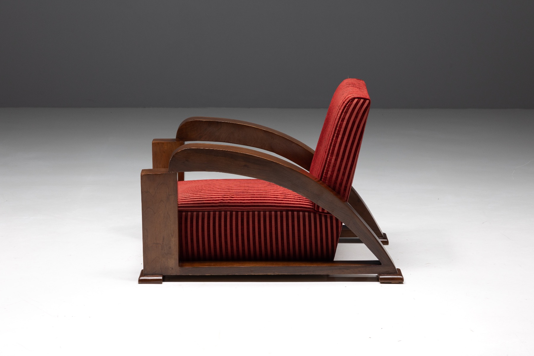 French Art Deco Lounge Chairs in Red Striped Velvet and with Swoosh Armrests - 1940s