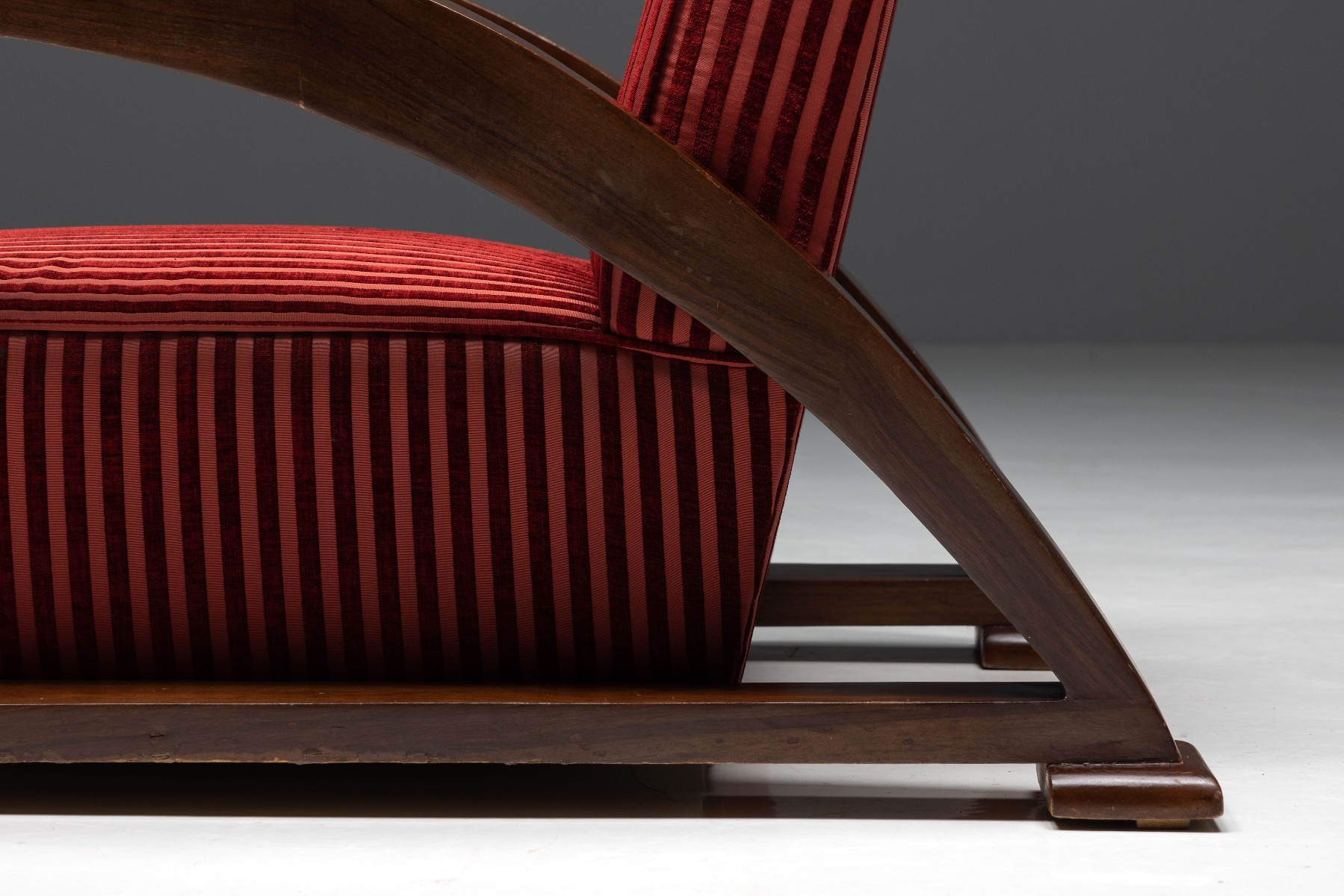 French Art Deco Lounge Chairs in Red Striped Velvet and with Swoosh Armrests - 1940s