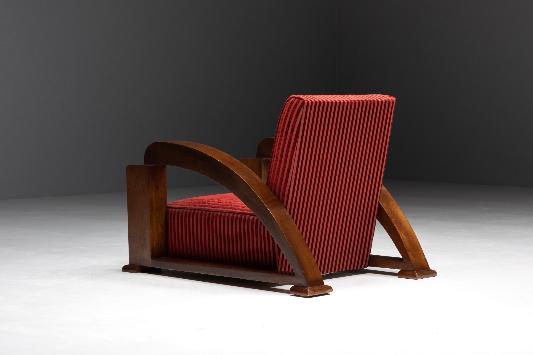 French Art Deco Lounge Chairs in Red Striped Velvet and with Swoosh Armrests - 1940s