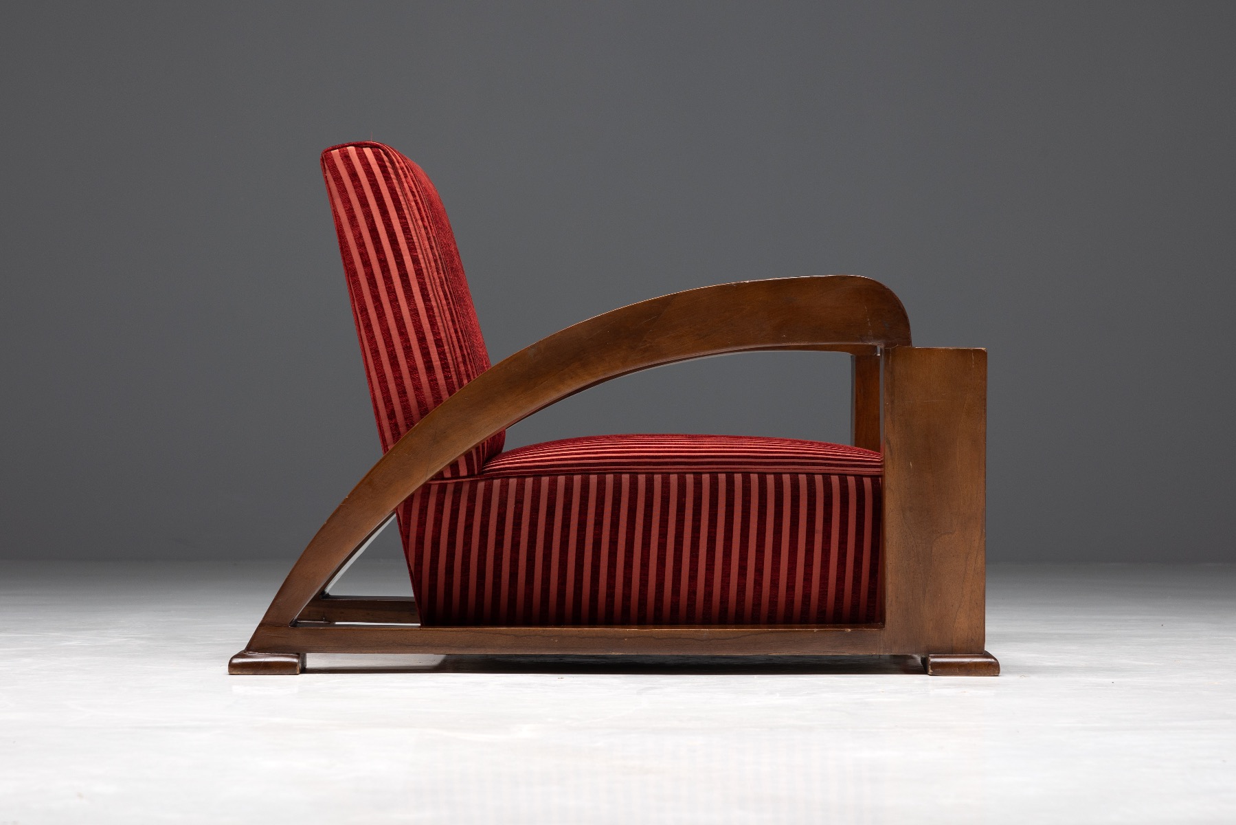 French Art Deco Lounge Chairs in Red Striped Velvet and with Swoosh Armrests - 1940s