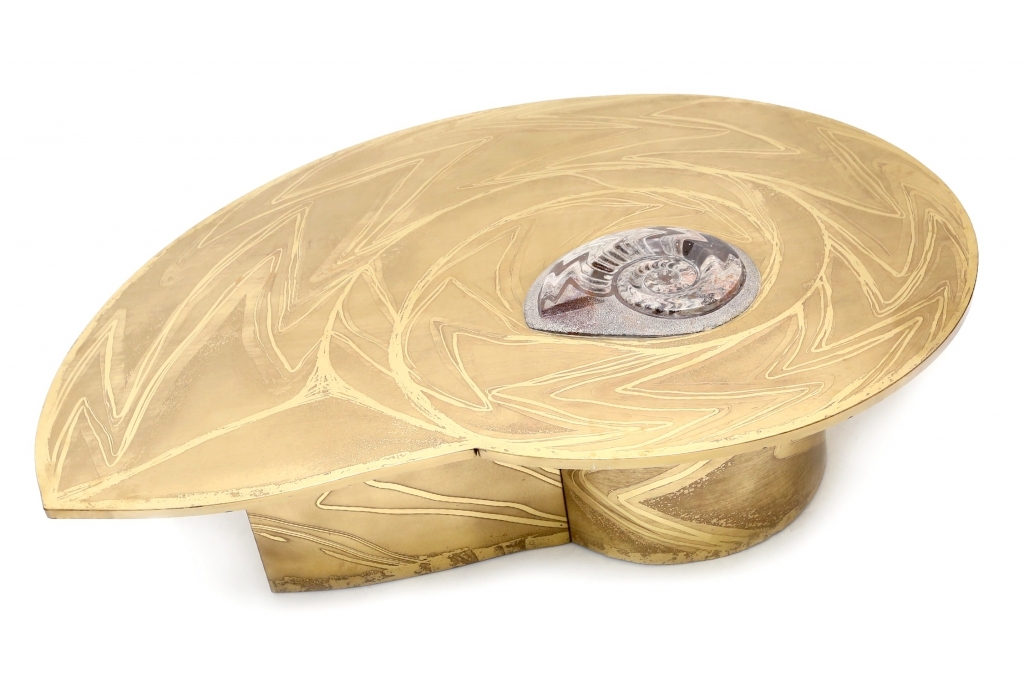 Brass Coffee Table With Inlaid Polished Ammonite, Marc D'haenens - 1970s