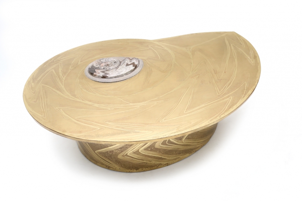Brass Coffee Table With Inlaid Polished Ammonite, Marc D'haenens - 1970s