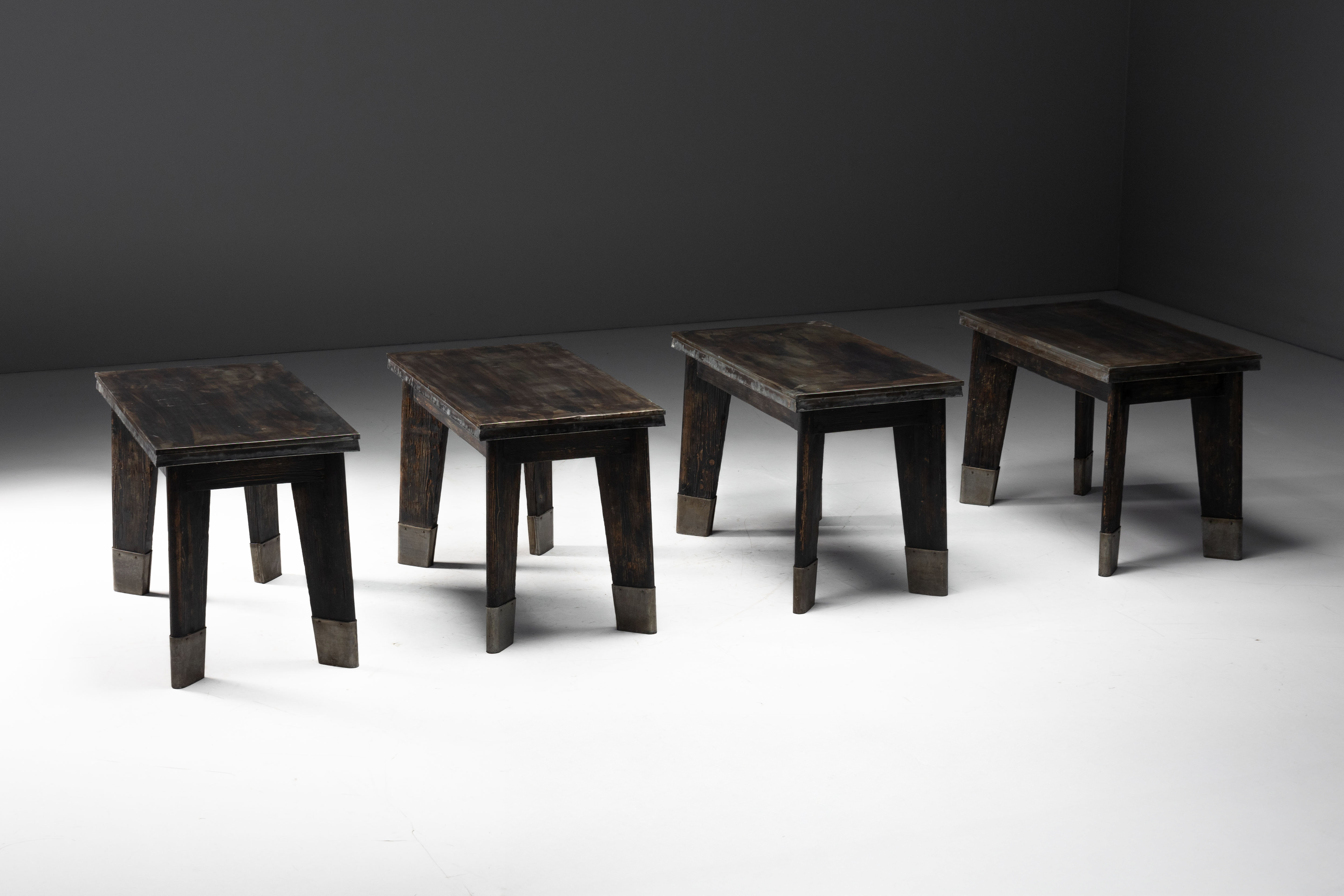 Industrial Table with Angled Legs and Metal Top, France - Mid-20th Century