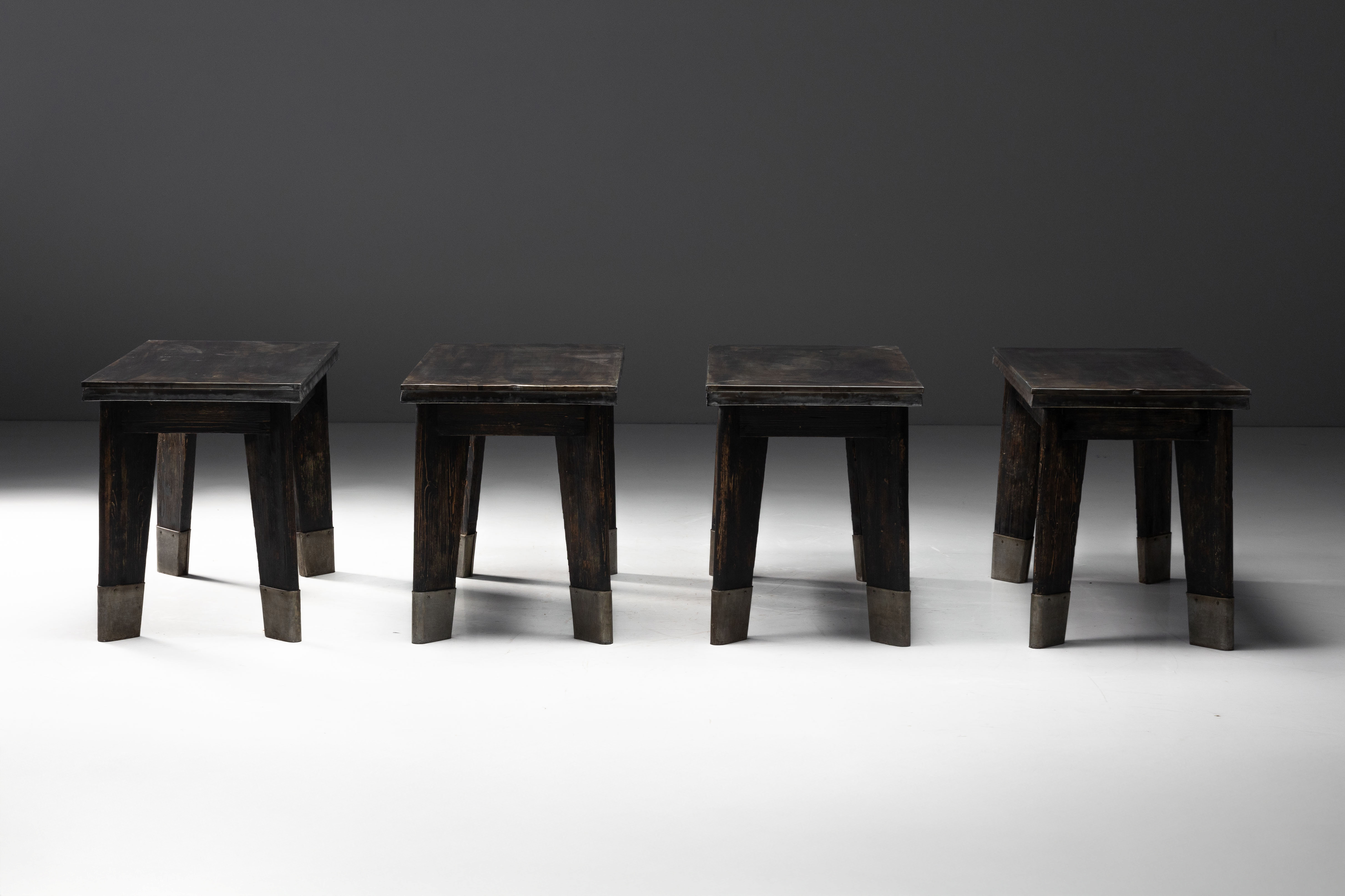 Industrial Table with Angled Legs and Metal Top, France - Mid-20th Century