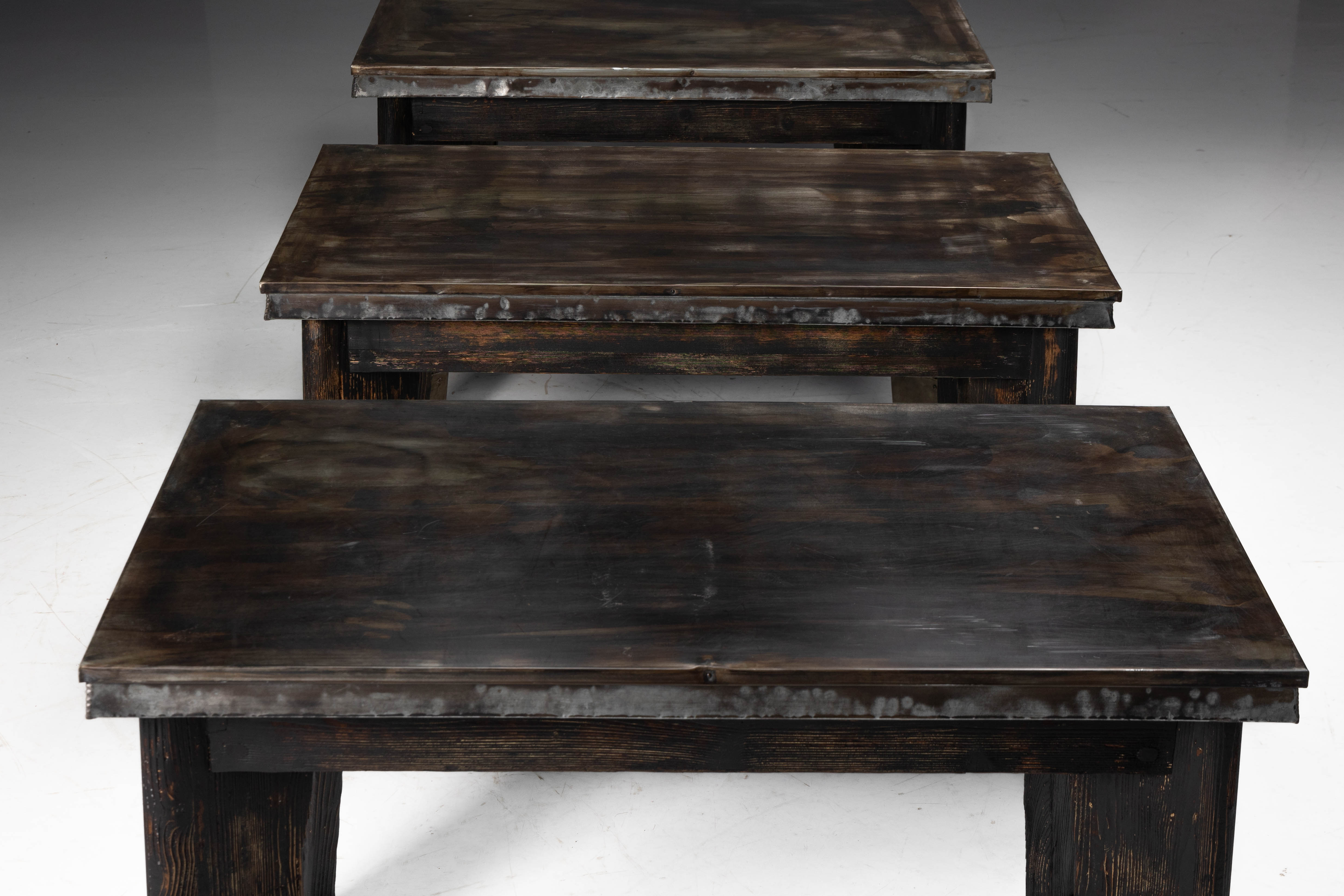 Industrial Table with Angled Legs and Metal Top, France - Mid-20th Century