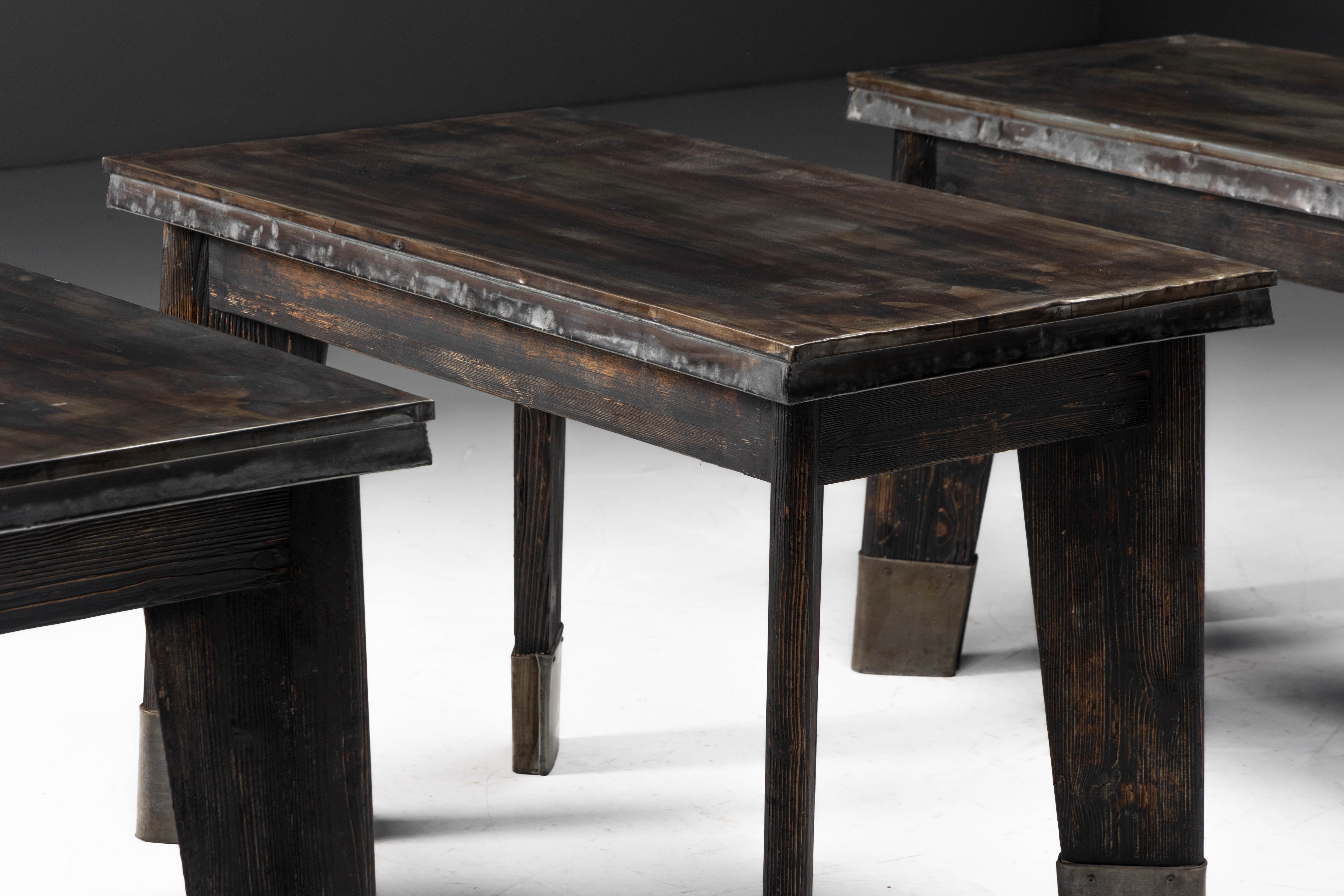 Industrial Table with Angled Legs and Metal Top, France - Mid-20th Century