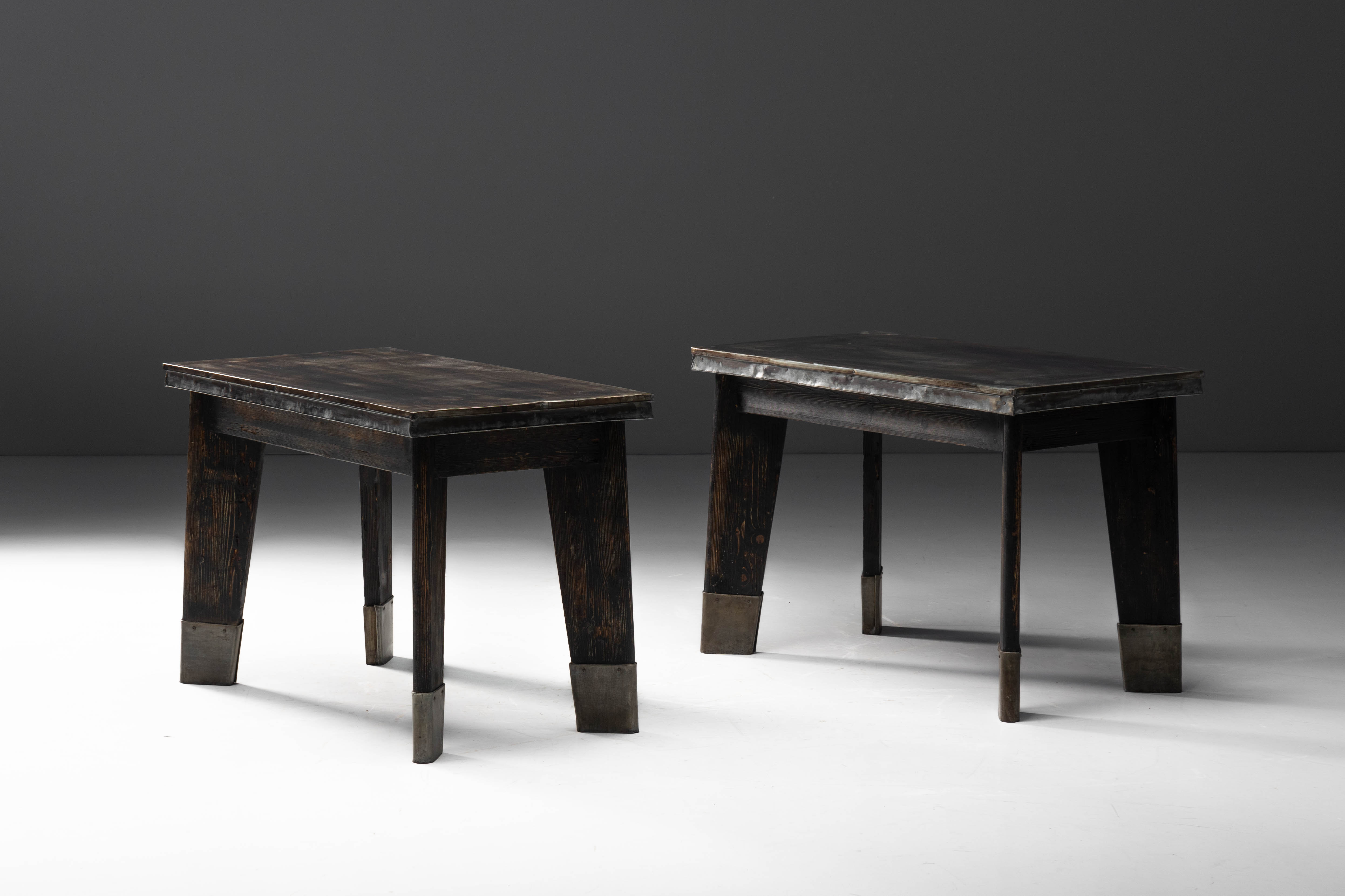 Industrial Table with Angled Legs and Metal Top, France - Mid-20th Century