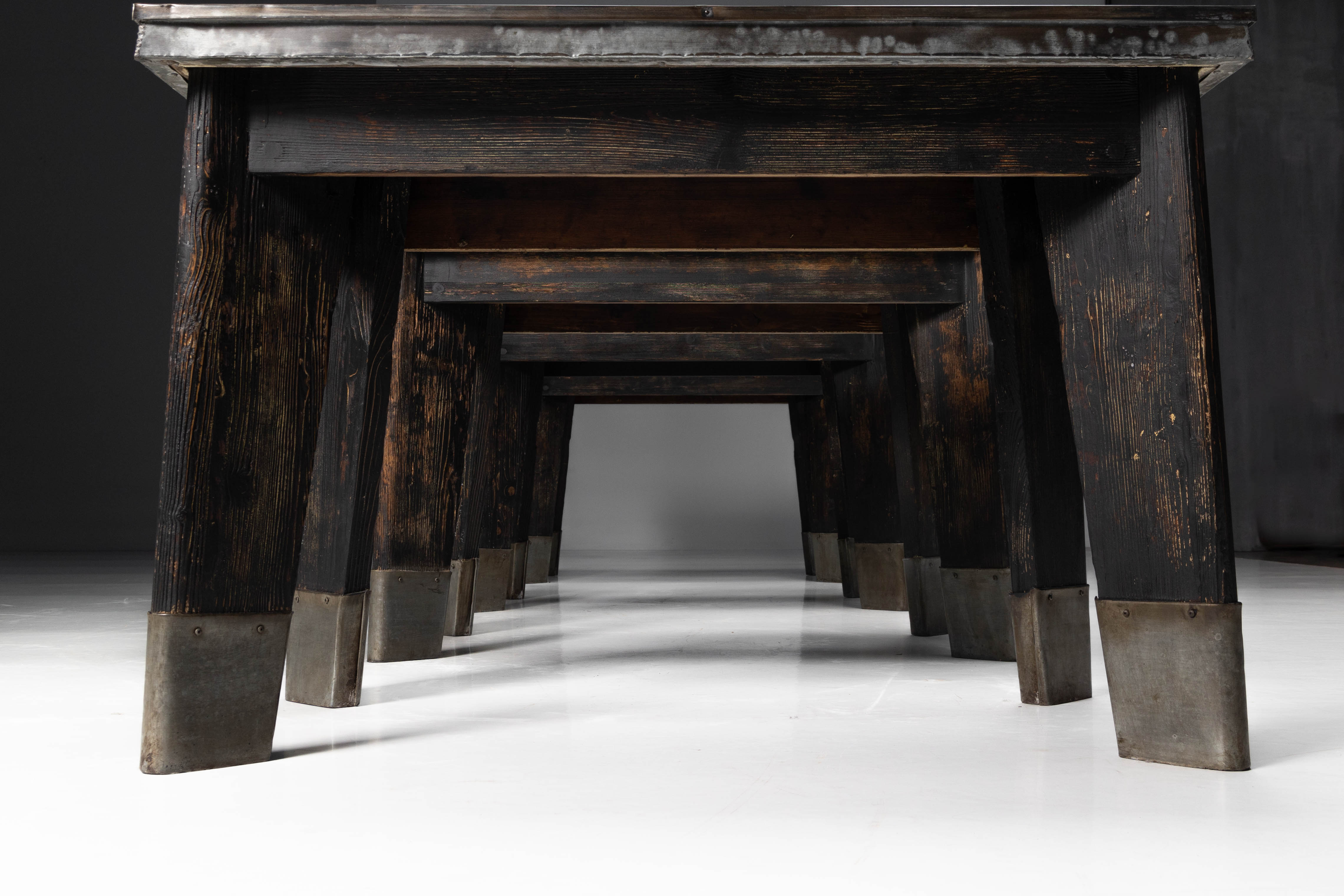 Industrial Table with Angled Legs and Metal Top, France - Mid-20th Century
