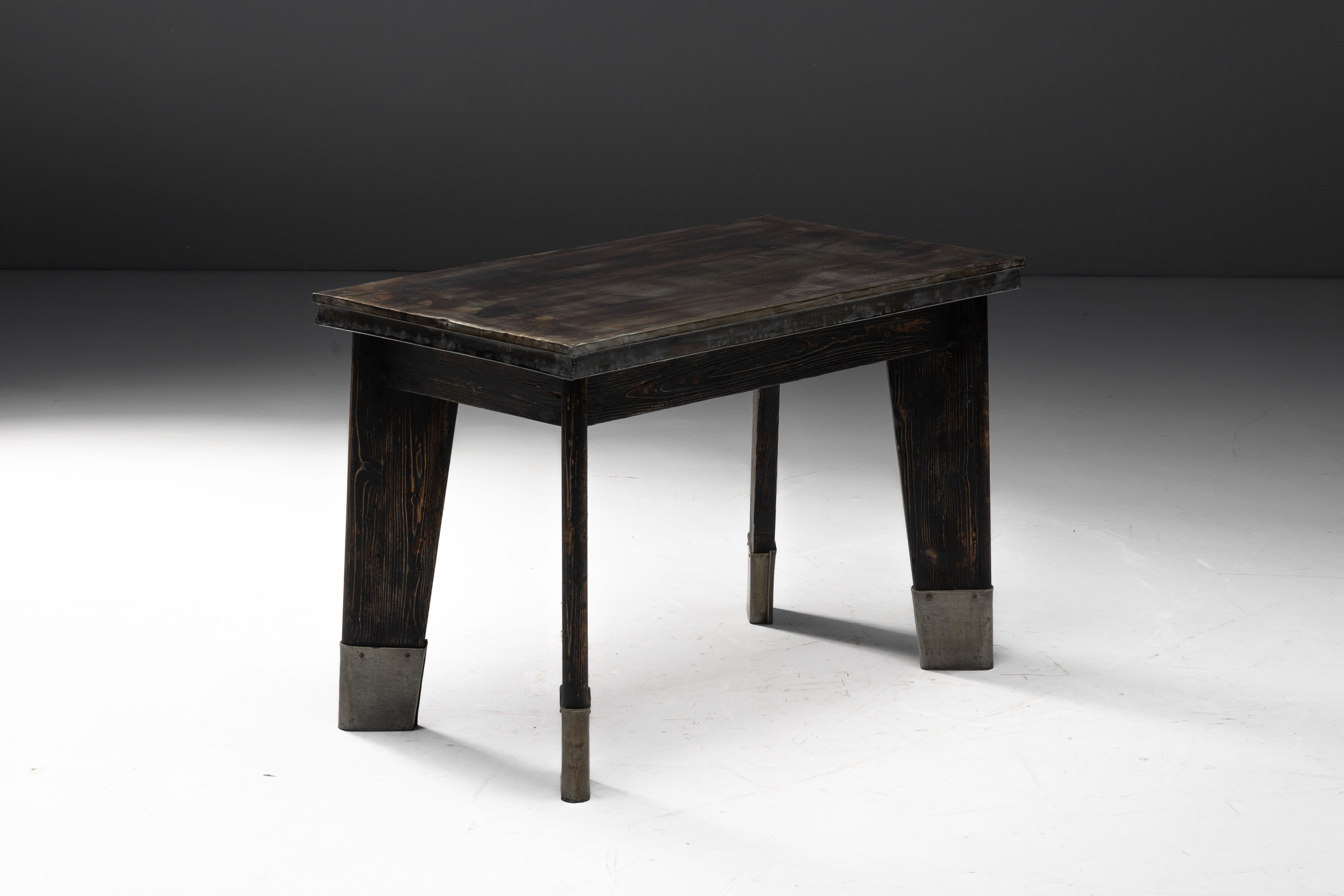 Industrial Table with Angled Legs and Metal Top, France - Mid-20th Century
