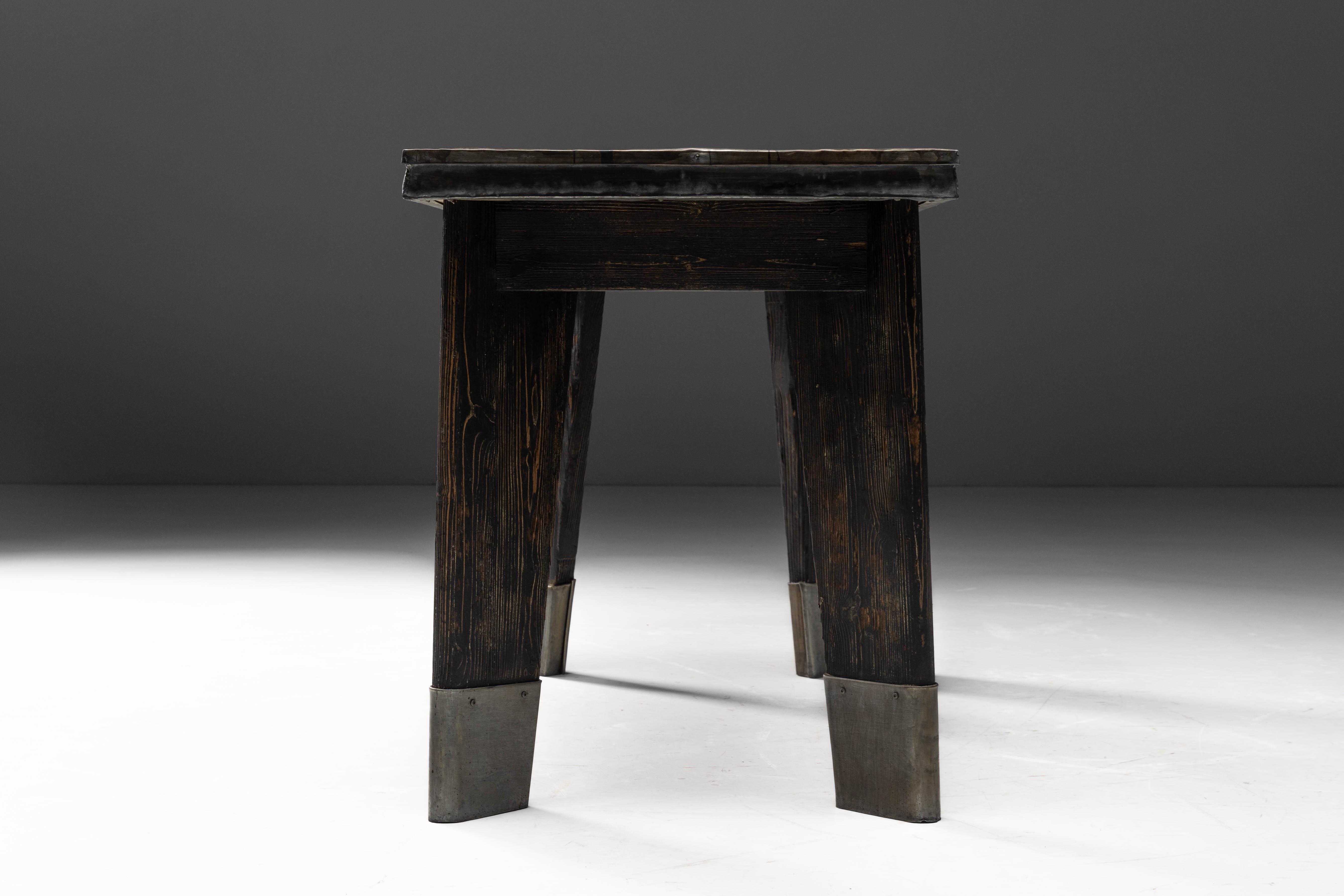 Industrial Table with Angled Legs and Metal Top, France - Mid-20th Century