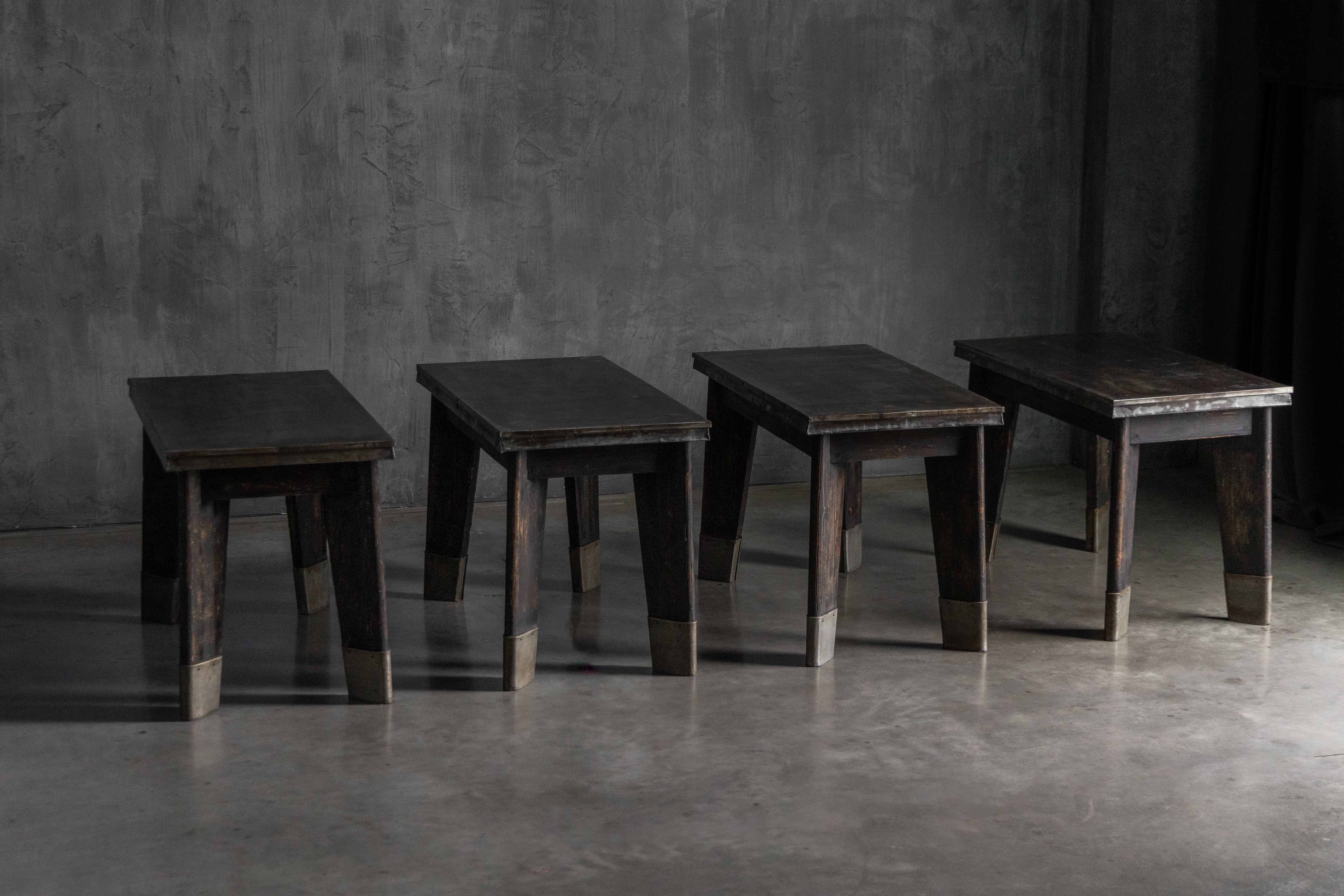Industrial Table with Angled Legs and Metal Top, France - Mid-20th Century