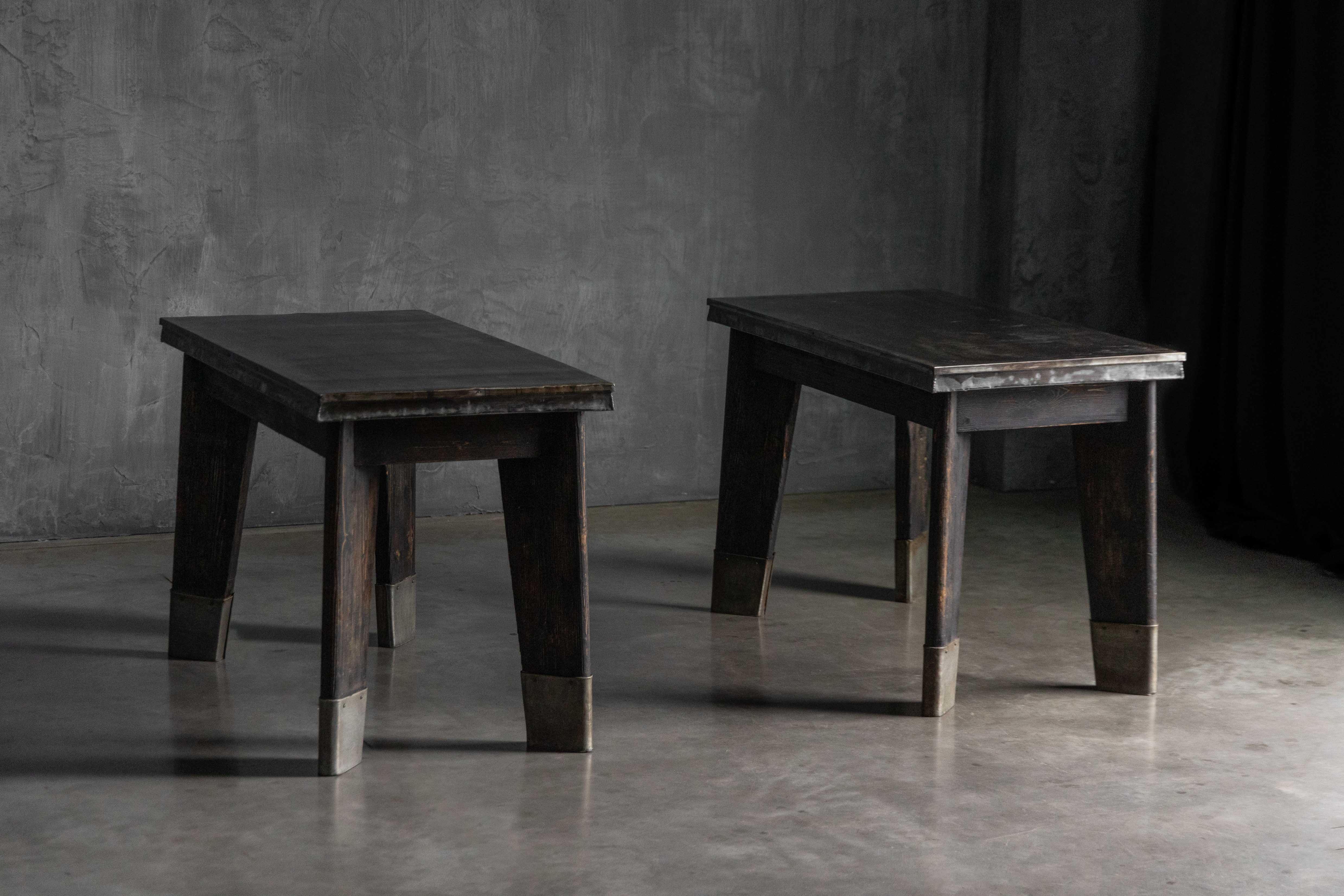 Industrial Table with Angled Legs and Metal Top, France - Mid-20th Century