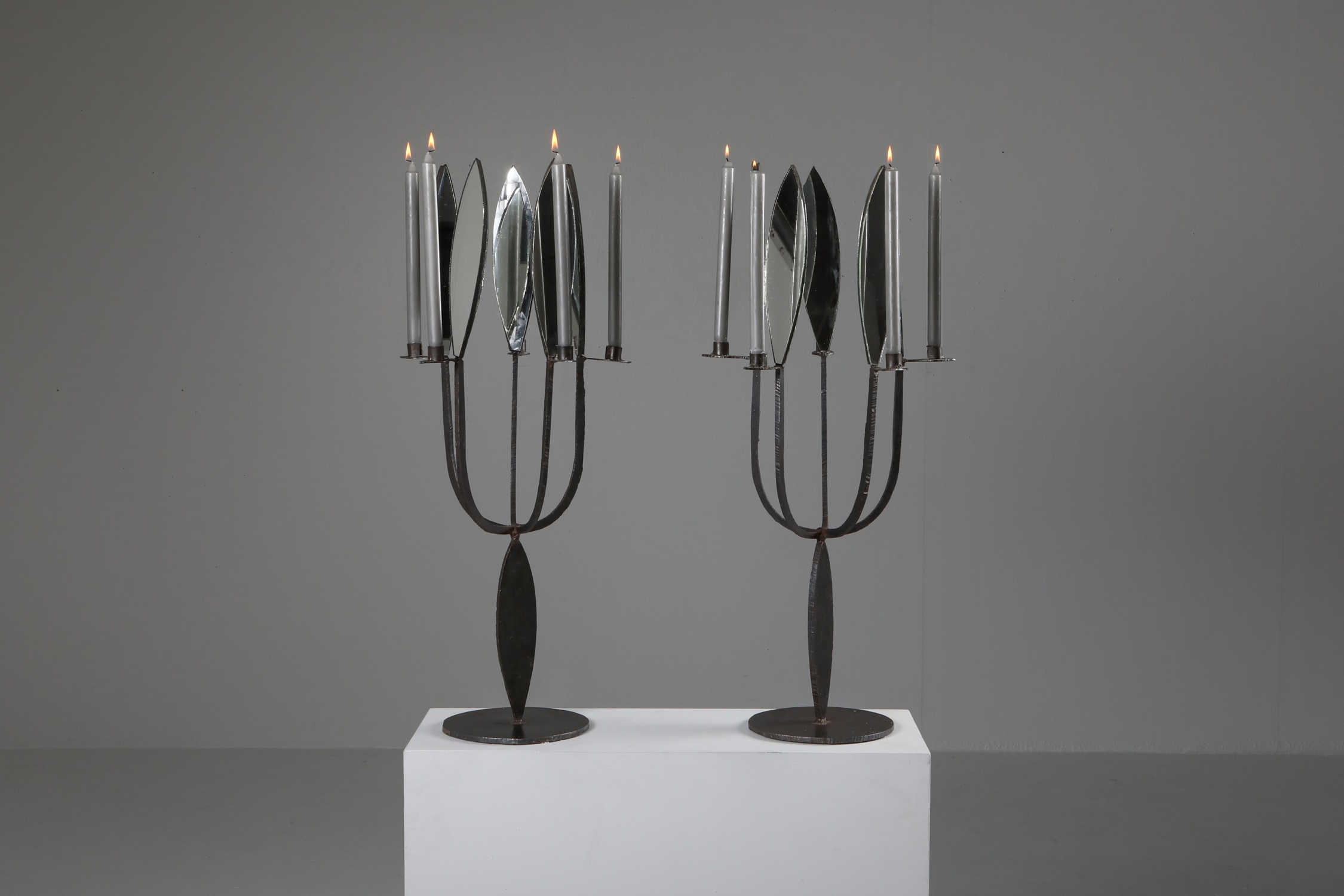 Brutalist Pair of Candelabras with Mirrors - 1970's