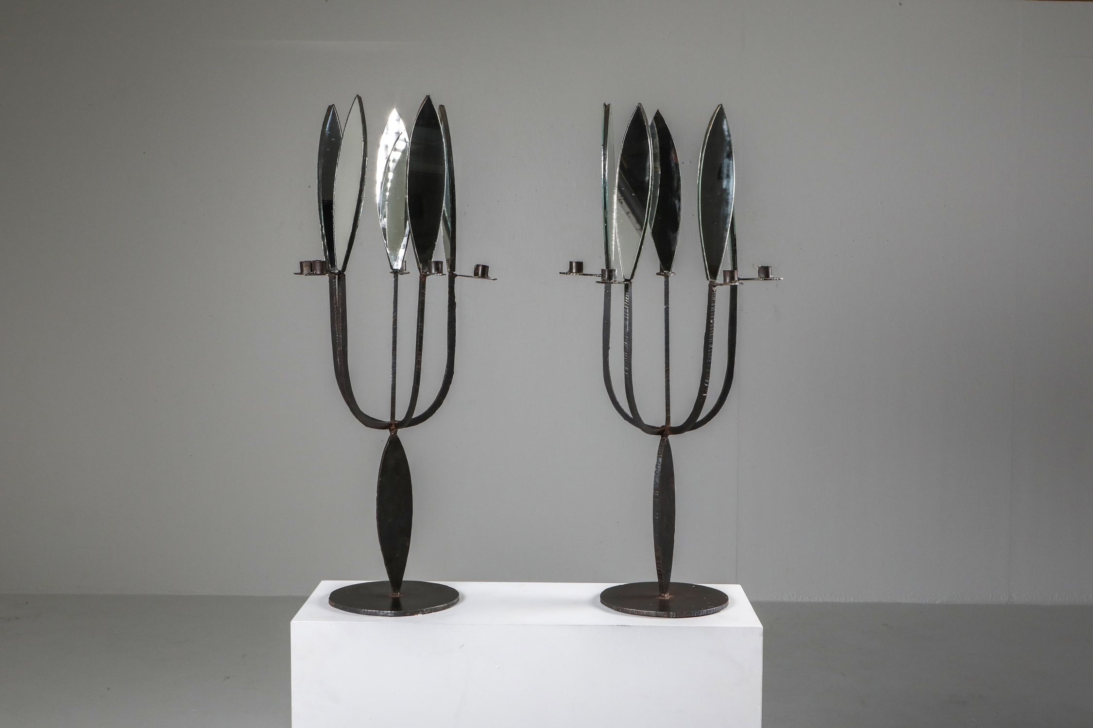 Brutalist Pair of Candelabras with Mirrors - 1970's