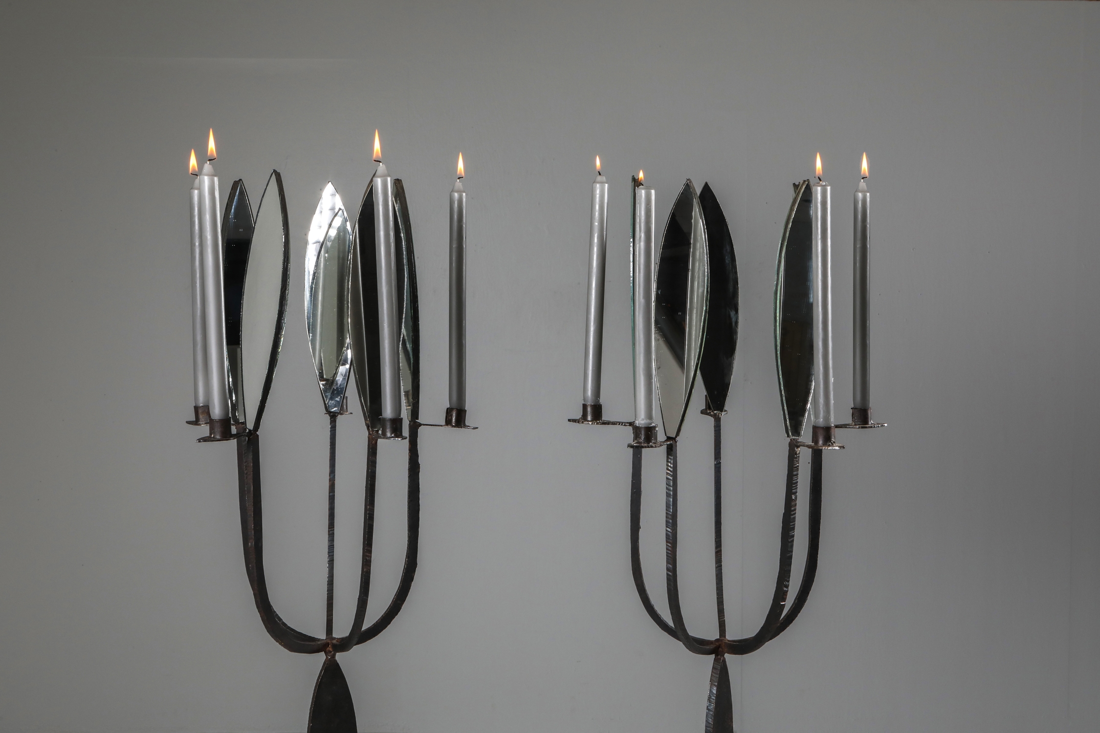 Brutalist Pair of Candelabras with Mirrors - 1970's