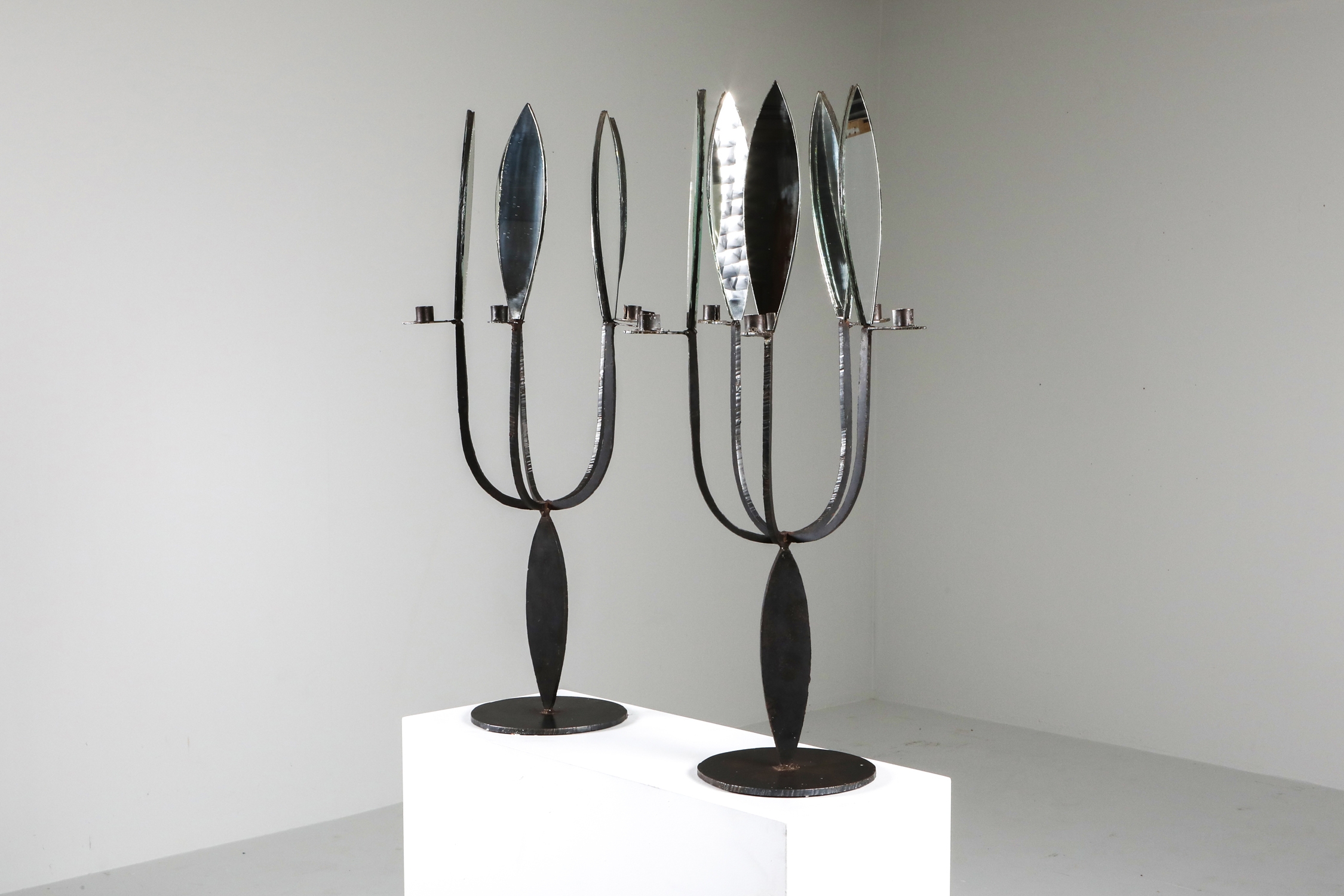 Brutalist Pair of Candelabras with Mirrors - 1970's