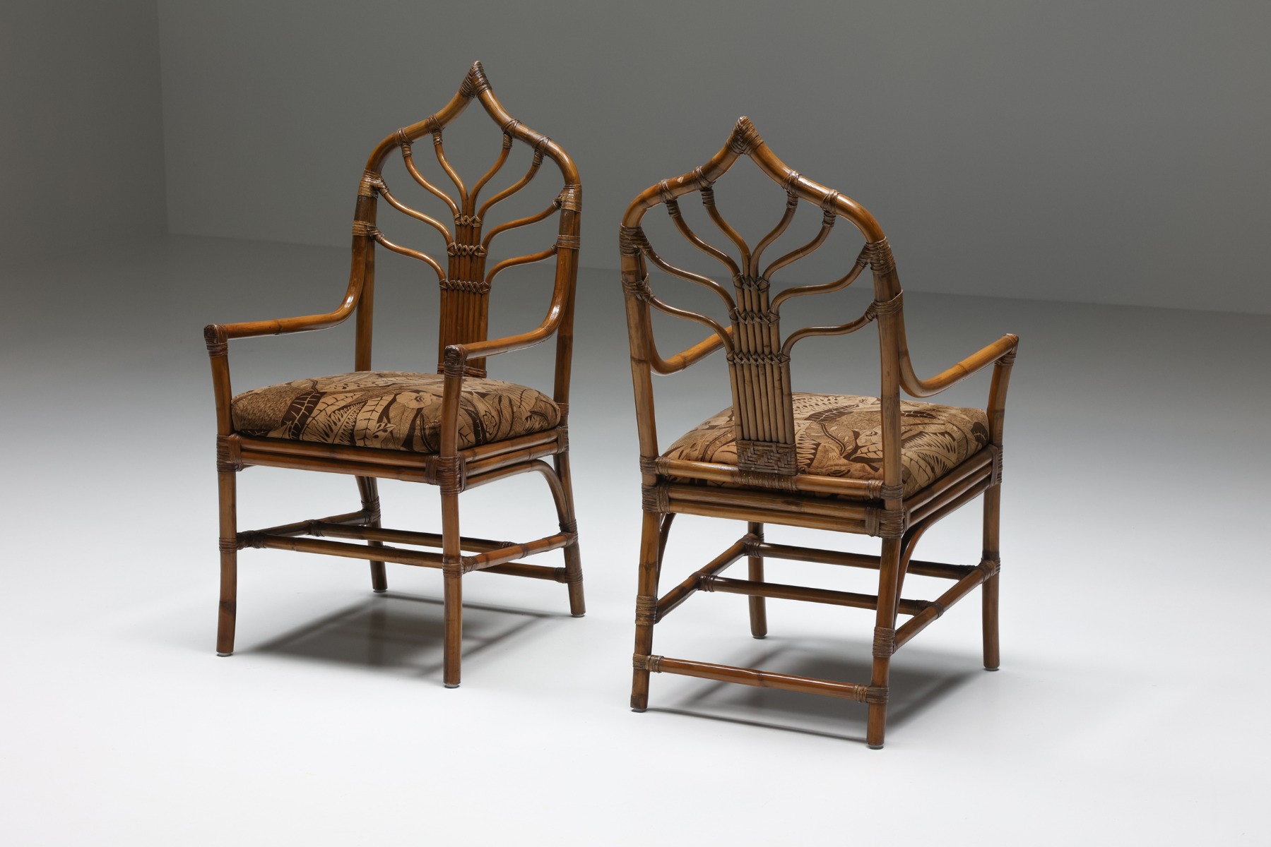 Italian Bamboo Dining Chairs Set With Floral Seating - 1970's