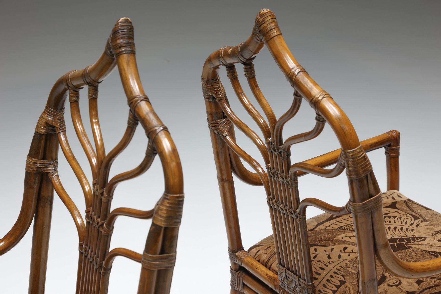 Italian Bamboo Dining Chairs Set With Floral Seating - 1970's